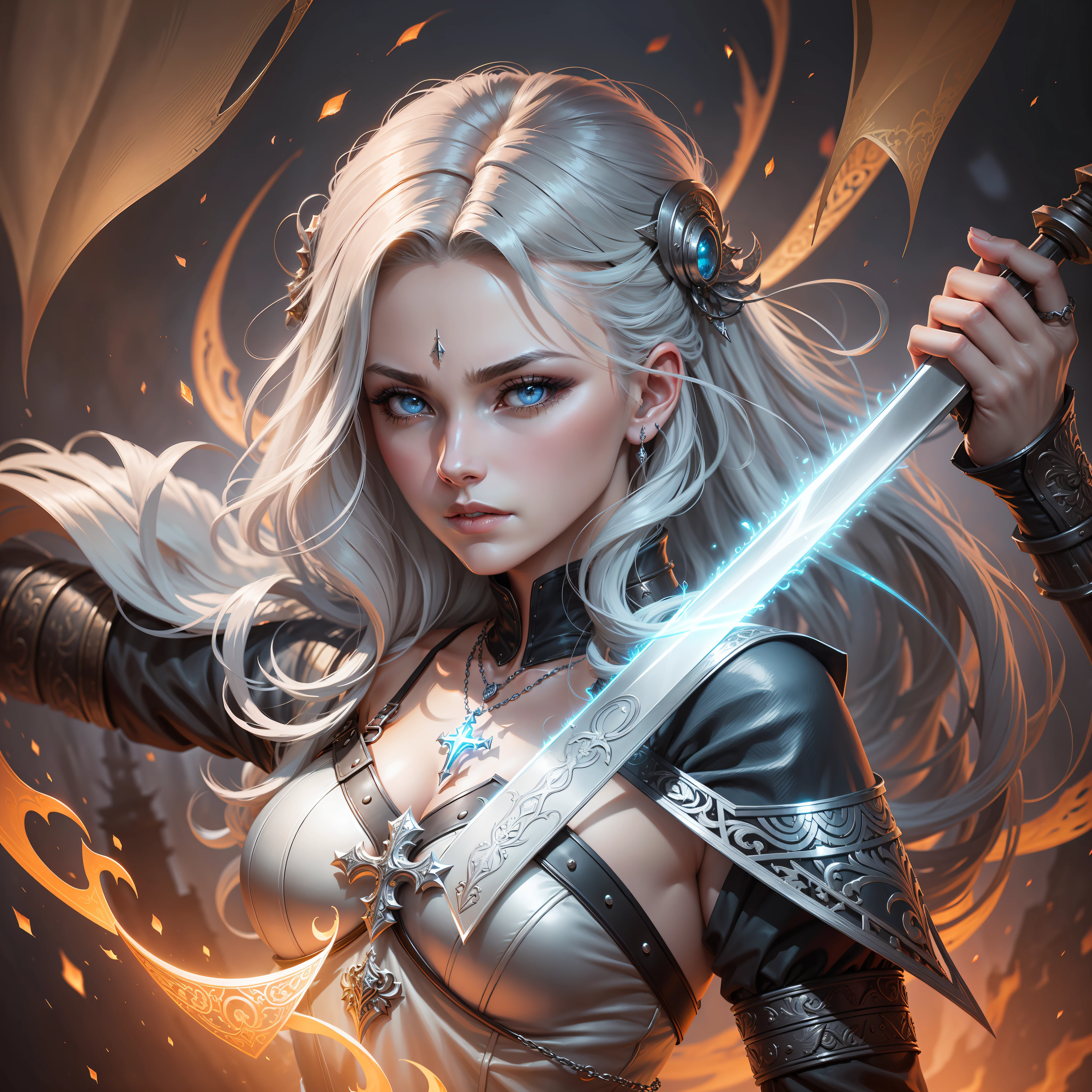 Close up of a woman holding a sword and ring of fire, epic fantasy style art, detailed digital 2d fantasy art, epic fantasy art style HD, epic fantasy art style, detailed fantasy art, epic fantasy digital art style, epic exquisite character art, detailed fantasy digital art, digital 2d fantasy art art, dark fantasy style art, epic fantasy character art, a silver necklace with a letter and a cross on it, fan, by fanci, sci-fi necklace, pendant, swallow, web necklace, Inspired by Fangchi, a fan favorite, fanart, stunning! , Fanny McKien, [[Fantasy]], 1024x1024, silver necklace, fantastic, titanium, Art Deco!