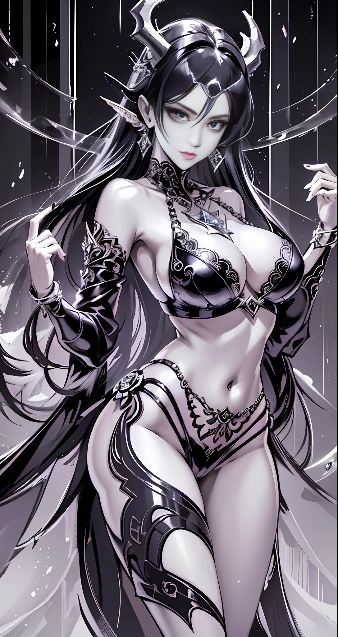 Masterpiece, great black and white anime works, style of Japanese manga masters, black and white art, line art, pen drawing art, a mature woman (from below: 1.5) (((in the pool: 1.2))) (full body standing)))) (solid color silk robe + openwork transparent design inspired by Victoria's Secret), (broken + clothing: 1.5) (full body pose: 1.5), (krounchana: 1.5) hips ((lower chest +Standing upright under the bra)), (double eyelids) (delicate makeup) (fantasy: 1.2), dragon woman, antlers growing on the head, dragon element, (mythology: 1.5), exposed navel, tethered panties, (large panorama: 4), wide angle, (dramatic: pose), (ethereal: lighting), (mystery: atmosphere), (complex: details), (carefully designed hair + design), (ancient artifacts), dragon princess (elaborate necklace bracelet earrings gemstone pendant inspired by Harry Winston) (sacred: radiance), (spiritual essence) (evocative: expressive), long legs, height 180cm, (bold: brushstrokes), (epic: proportional) masterpiece 16k --s2