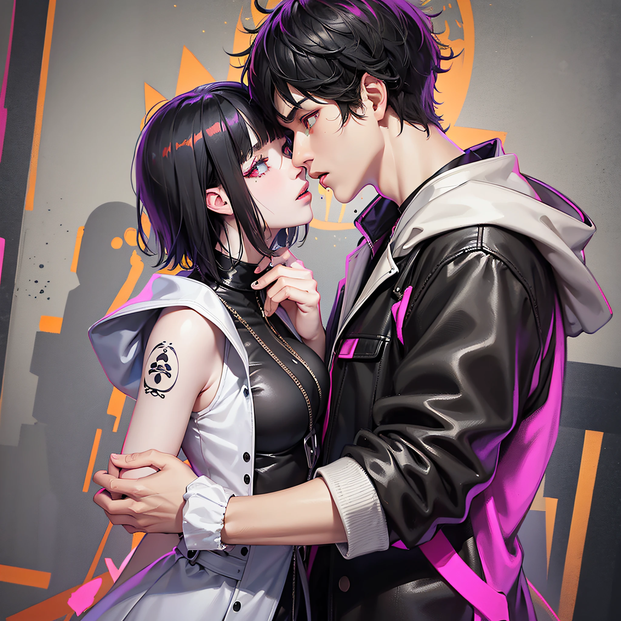 England Guy with Light skin, medium black hair, heterochromia, his left eye is orange and his right eye is green, he uses emo clothes, and is kissing a asian woman with Medium black hair with a front purple bang, white skin, pink eyes, goth clothes --auto --s2