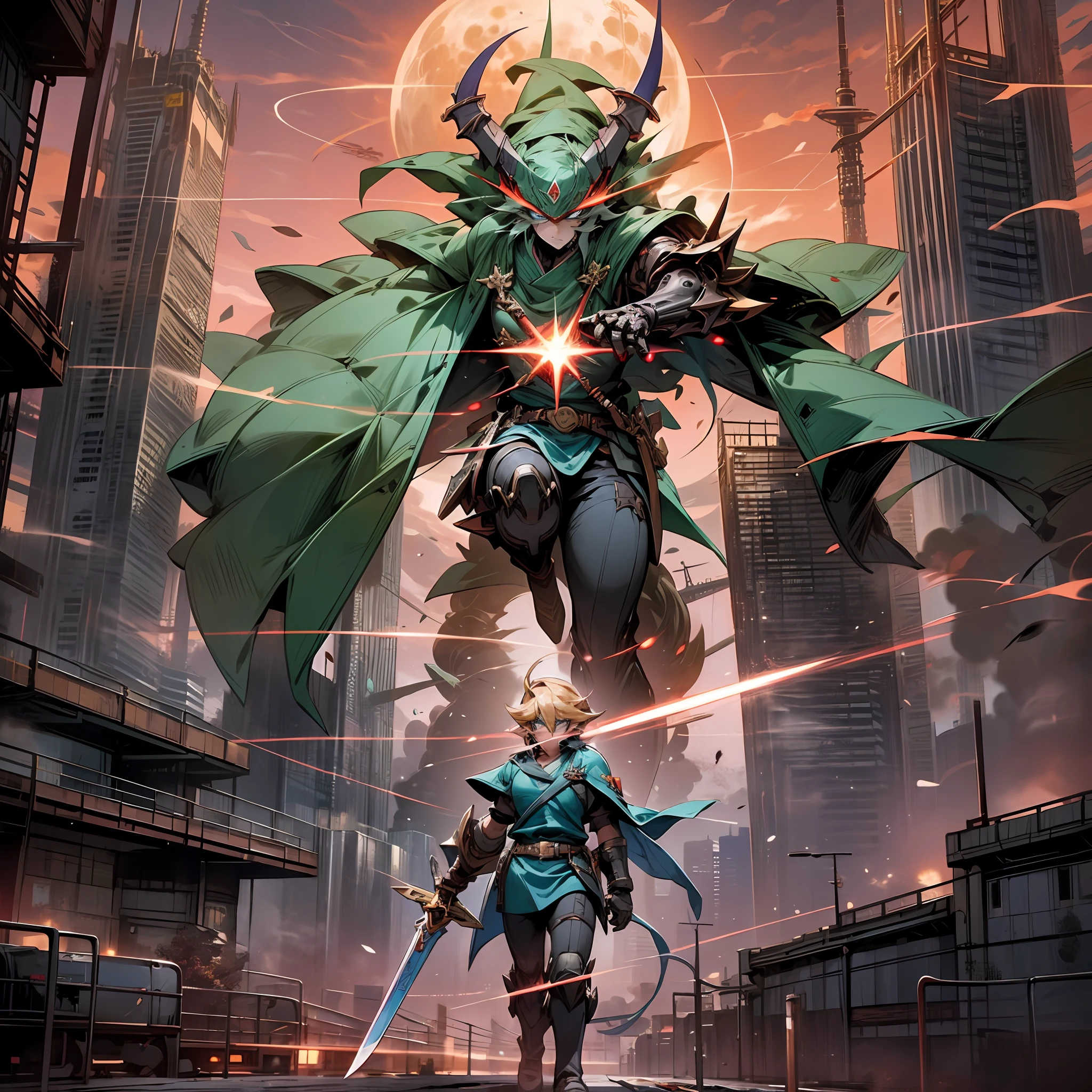Link, Link from Legend of Zelda, holding a sword, on a motorcycle, city in the background, red smoke in the sky, sunset, moon, cyberpunk, future, science fiction, huge robot dragon in the background, explosions, Ganon from Legend of Zelda, poster