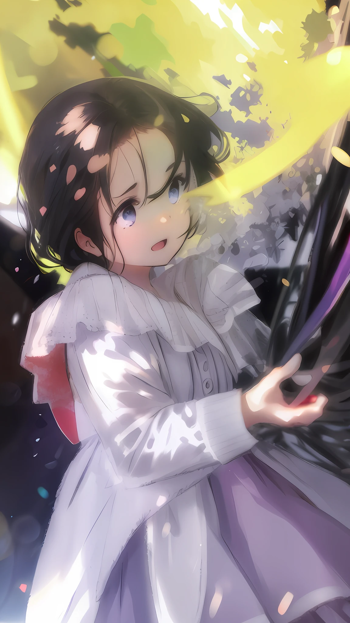 A girl, off-the-shoulder short sleeves white skirt, upper body, (eyes wide open: 1.2), bright light, background bokeh, depth of field, blurred background, light particles, strong wind, (heart particles: 1.1)