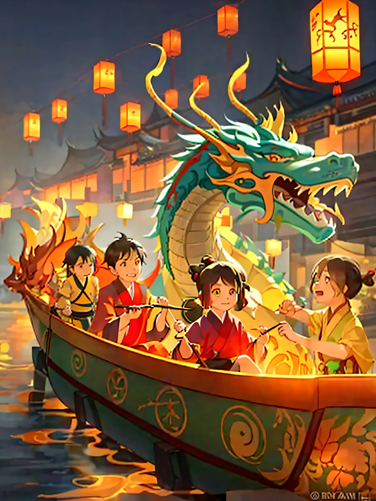 Dragon Boat Festival, a Chinese festival, a lot of super happy cute ancient Chinese **********s and girls sitting on a dragon boat, holding oars, two dragon boats rowing forward, lanterns floating on the boat, dragon boat, author: Qu Leilei, Yang J, Yellow Dragon Head Festival, Rossdraws Global Lighting, by Ryan Yee, by Bayard Wu, Chinese fantasy, popular on cgstation, avatar image, Chinese dragon concept art, by Arthur Pan, by Ni Yuanlu, by Li Song