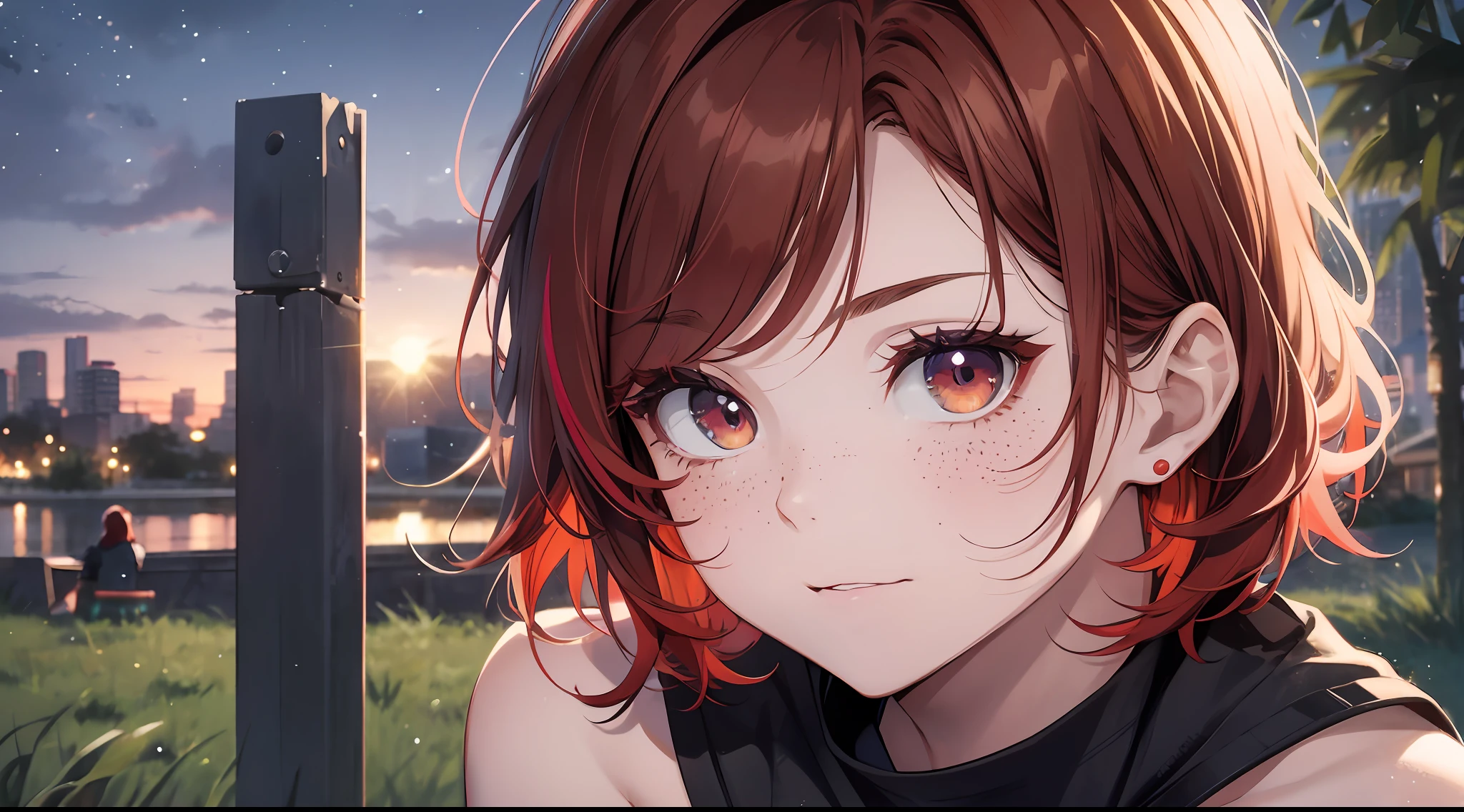 "teenager: 16-year-old girl, short red hair, vibrant, multicolored eyes, freckles on the face, highlighted shoulder top, nocturnal, dark sky, lawn, Watching with watchful eyes" --auto --s2