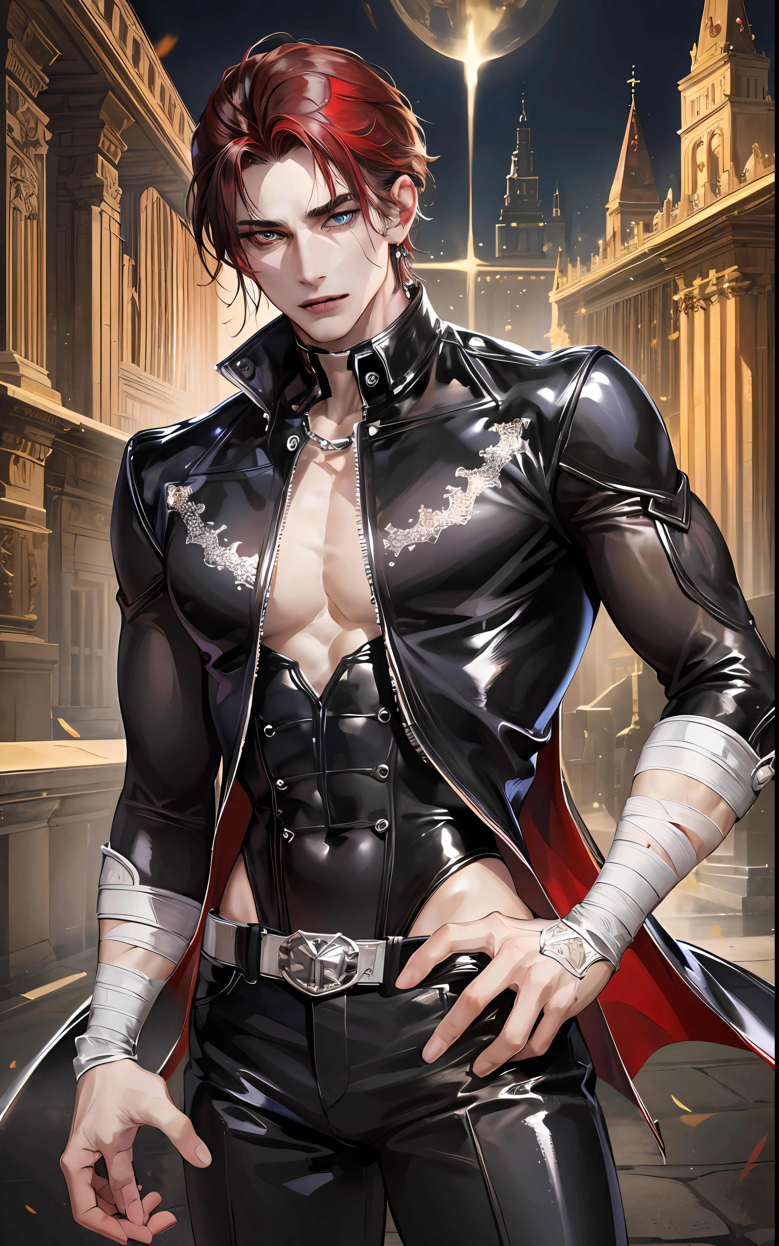 man, vampire, masculine, masculine face, attractive, muscular, ((1man)), masterpiece, absurdres, best quality ,intricate details , (shiny skin, shiny body, shiny oily luster skin, shiny hair, pale skintone), old castle, Sundown, attractive, ((muscular)), adult, one, tattoo in his chest ,black blouse, earrings, black pants, Don't look at the view , Not looking at the view, red short hair, perfect detailed face, perfect detailed hands, vampire fangs, blue eyes, ((MLS)), medium large shoot, perfect hands