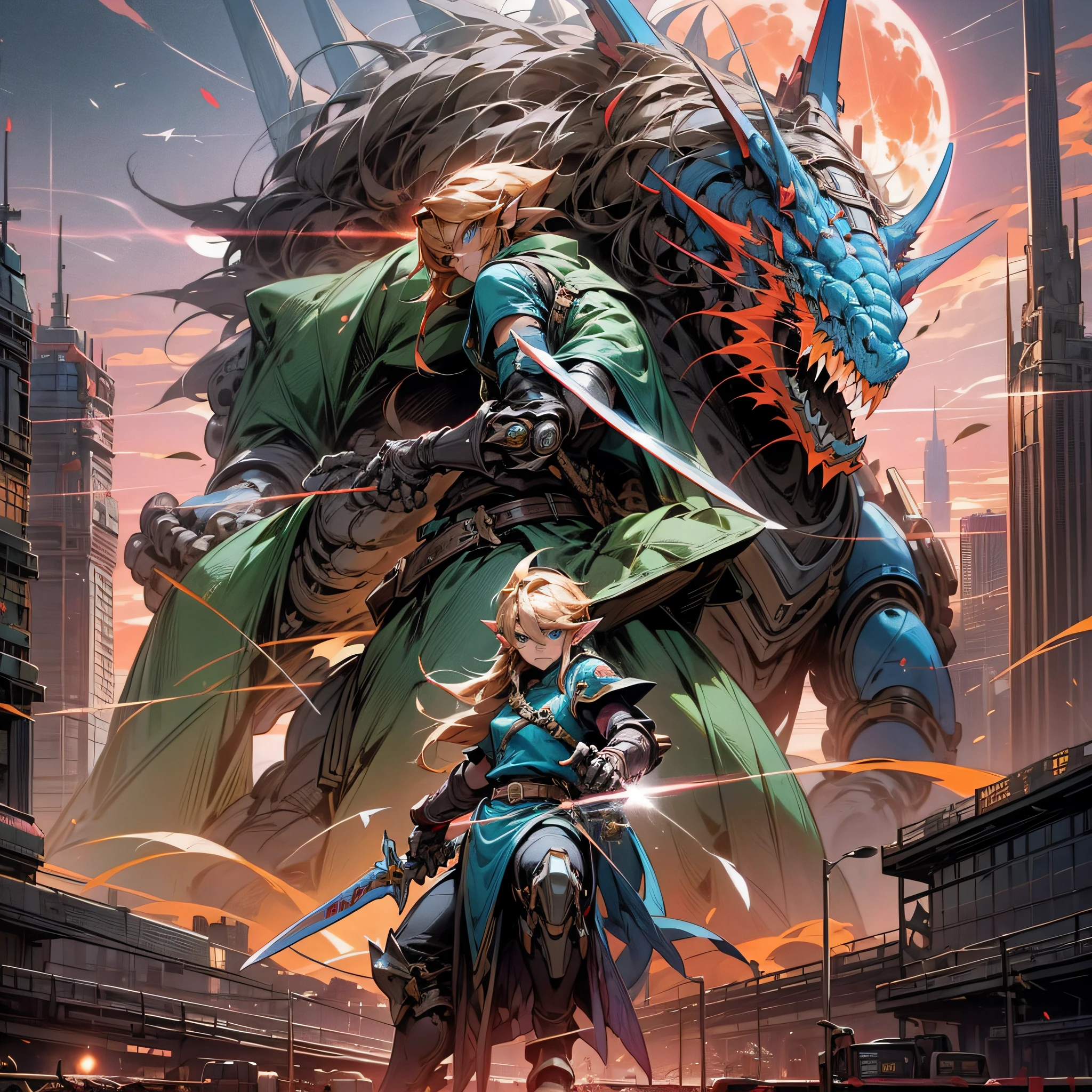 Link, Link from Legend of Zelda, holding a sword, on a motorcycle, city in the background, red smoke in the sky, sunset, moon, cyberpunk, future, science fiction, huge robot dragon in the background, explosions, Ganon from Legend of Zelda, poster