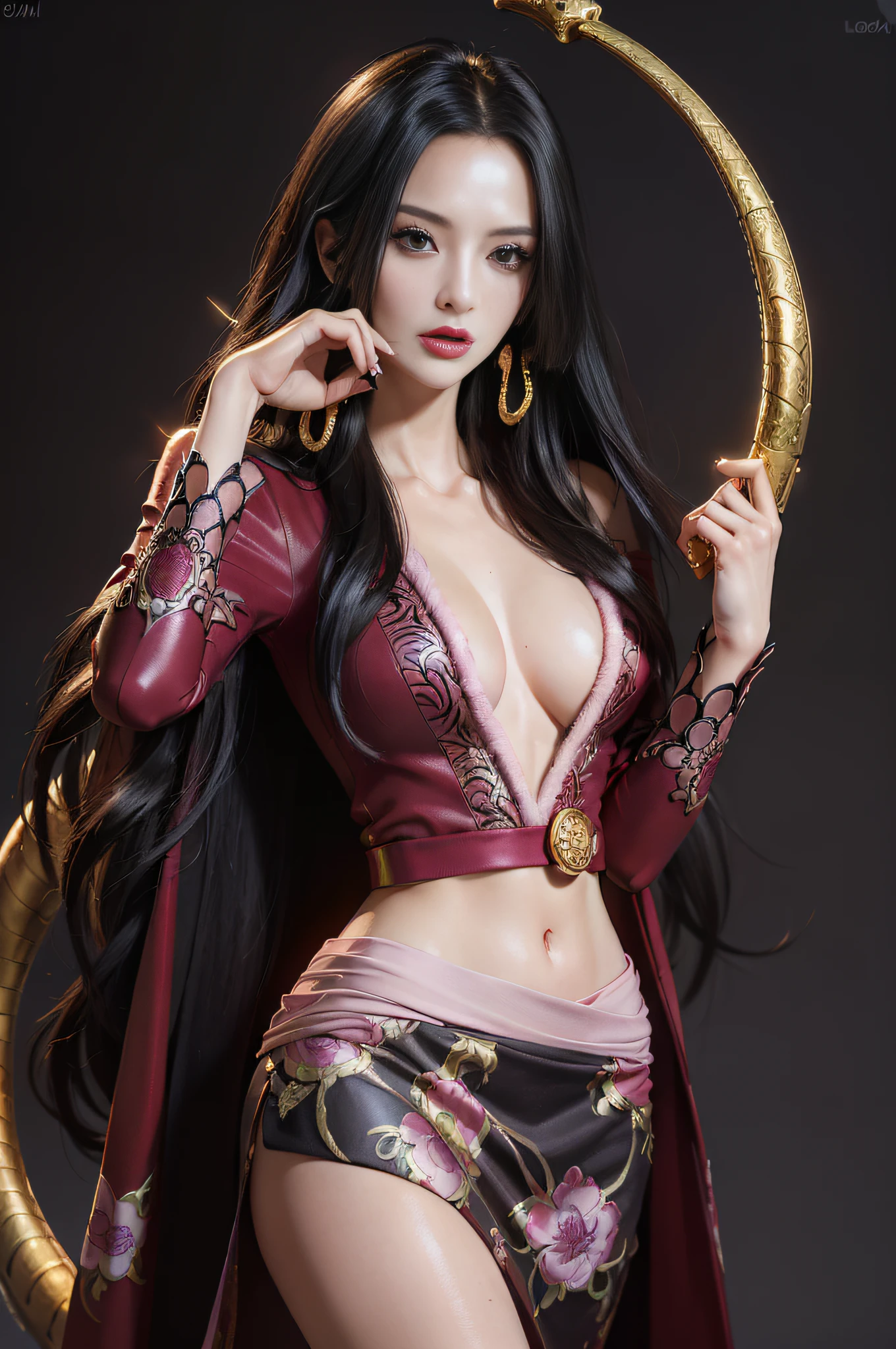 (((masterpiece+best quality+high resolution+ultra-detailed))), boa hancock, skull_snake, long silky black hair, high nose, sharp eyes, noble and inviolable temperament, (([female]: 1.2 + [beauty]: 1.2 + black long hair: 1.2)), skull_snake background, bright eyes, dynamic angle and posture.