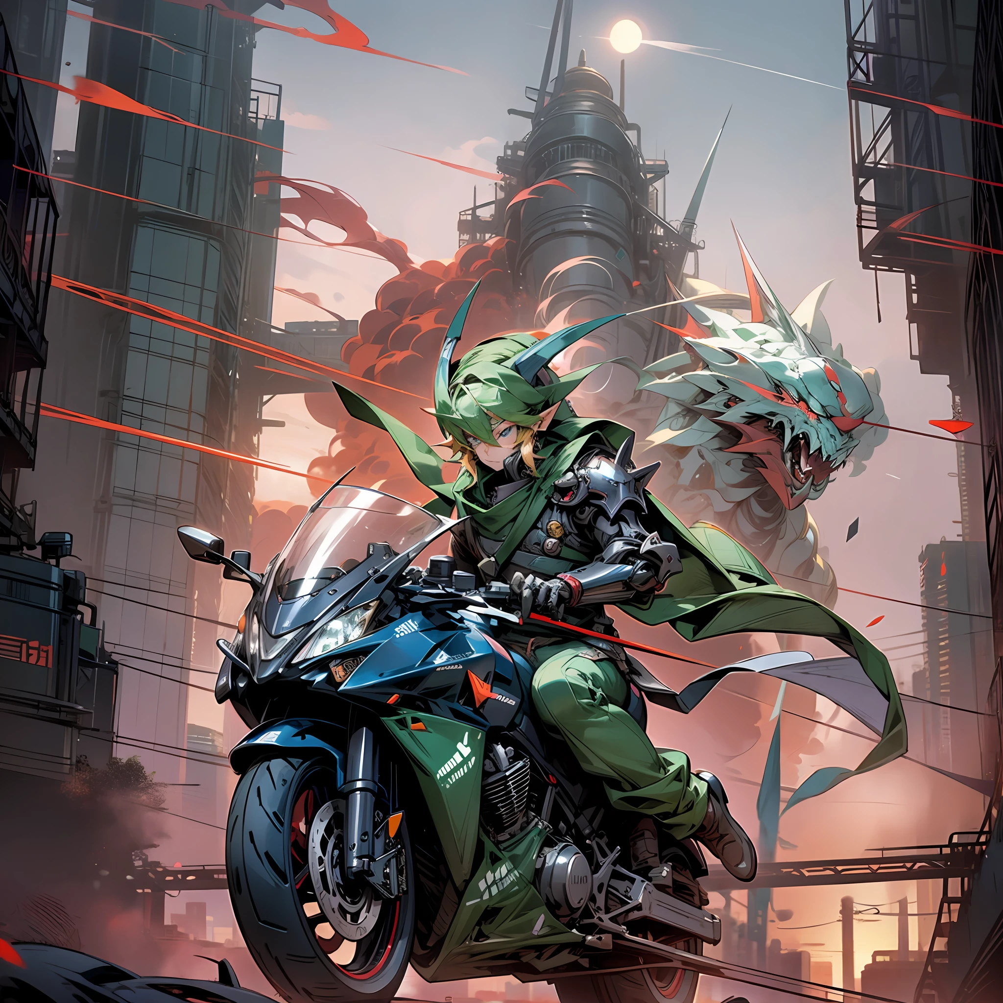 Link, Link from Legend of Zelda, holding a katana, on a motorcycle, the city in the background, red smoke in the sky, sunset, moon, cyberpunk, future, science fiction, huge robot dragon in the background