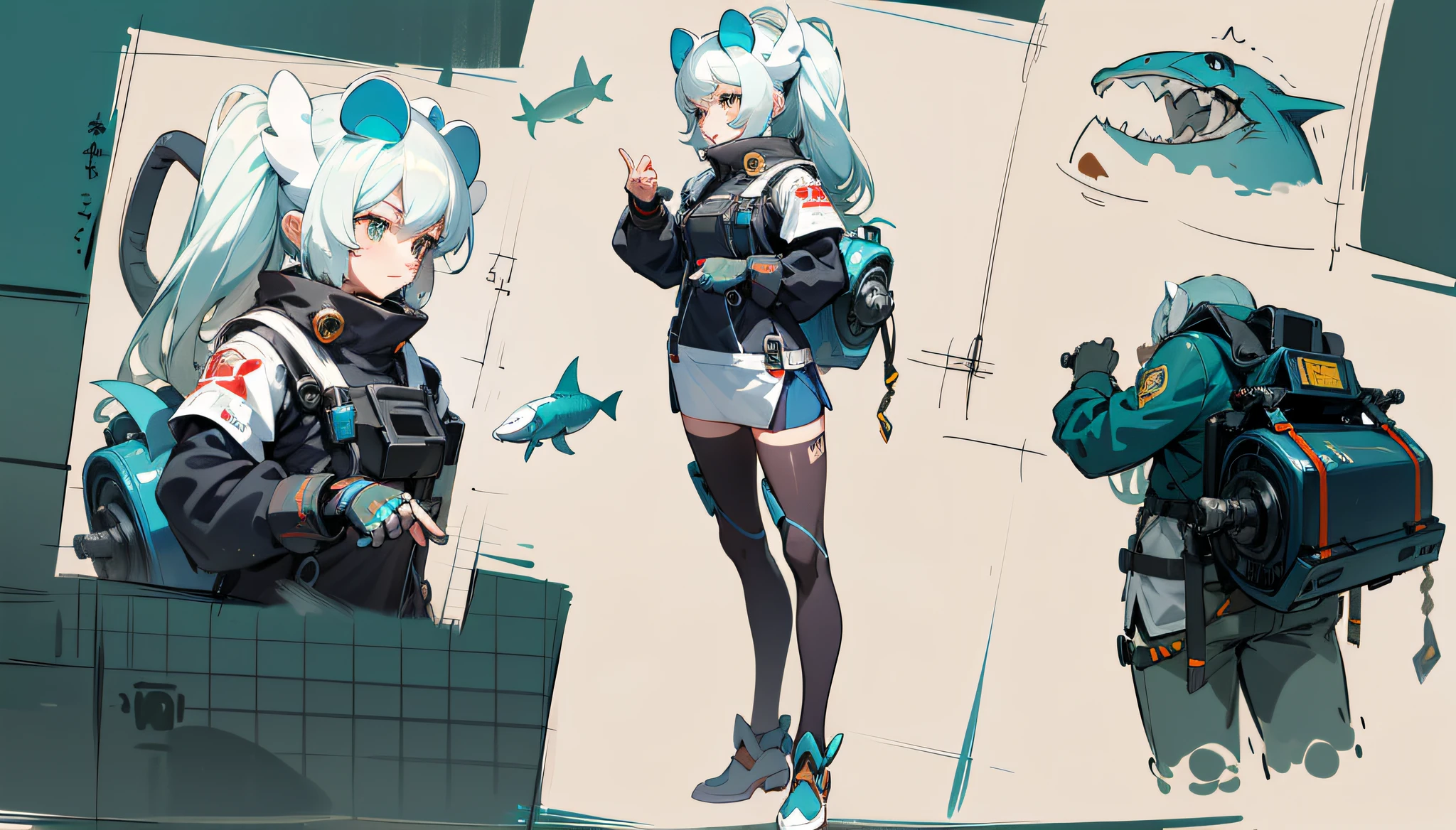 Anime characters, giant sharks, underwater elements with clouds above, anime robots mixed organic, mechanized witch girl, Sachin Teng, in the style of Sachin Teng, by Shitao, Mecha Aesthetics, Concept Art, E-Girl, E-Girl, Mouse Species Mecha, Mecha Animals, Krenz Cushart and Wenjun Lin, Cushart ((vtuber character design sheet, same character, front, side, Back)), full body, light shark background, anime characters with guns and white background, Guvez style artwork, inspired by Krenz Kusaud, illustrated concept art, Guvez, Krentz Kusart and Artem Demulla, Ross Tran style, Krentz Kusart and Lin Wenjun, digital concept art illustration, Krentz Kusaud, shoes, gradient color, light shark background