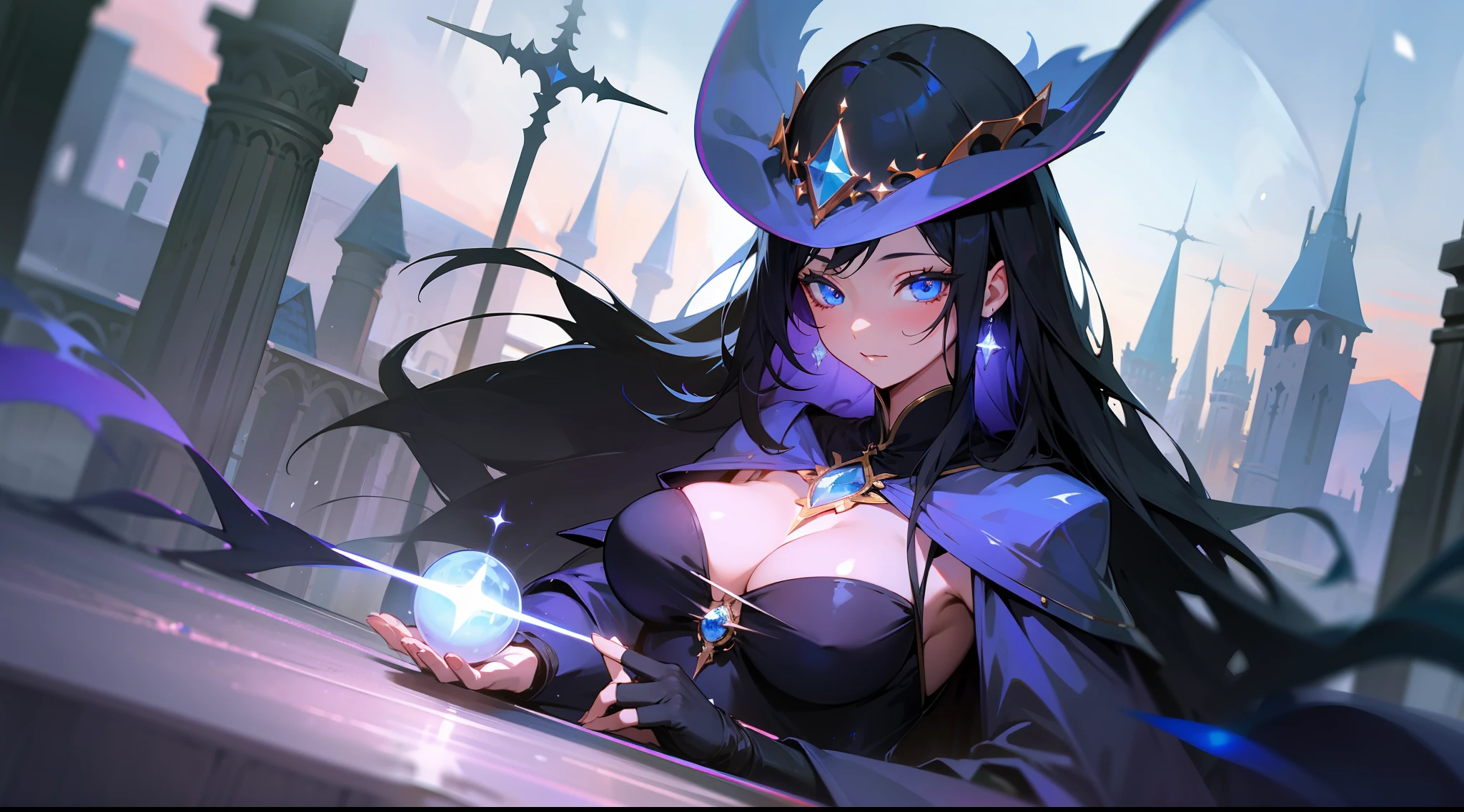 dark sorceress, magician, long black hair, blue eyes, beautiful breasts, magic, fantasy, medieval, night, brightness, lens reflections, winter