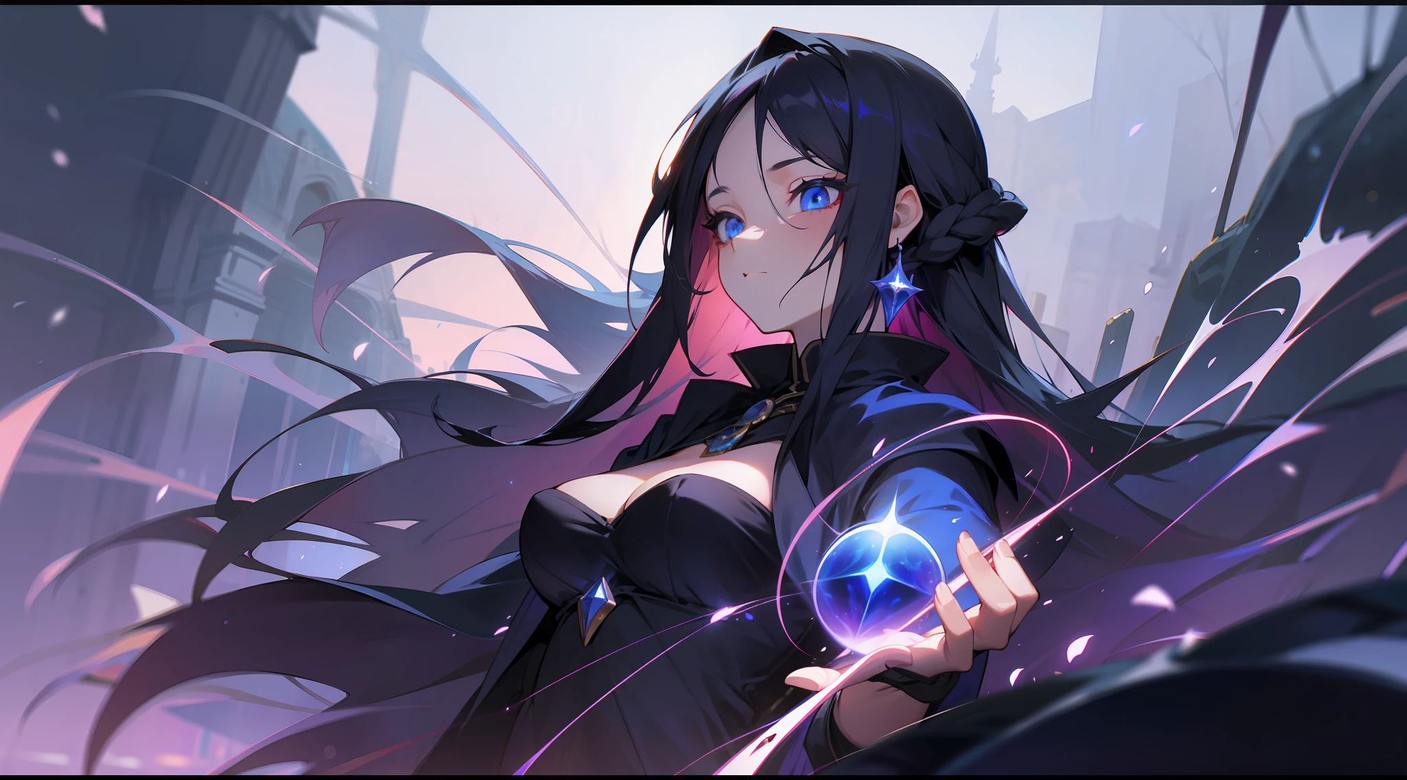 dark sorceress, magician, long black hair, blue eyes, beautiful breasts, magic, fantasy, medieval, night, brightness, lens reflections, winter