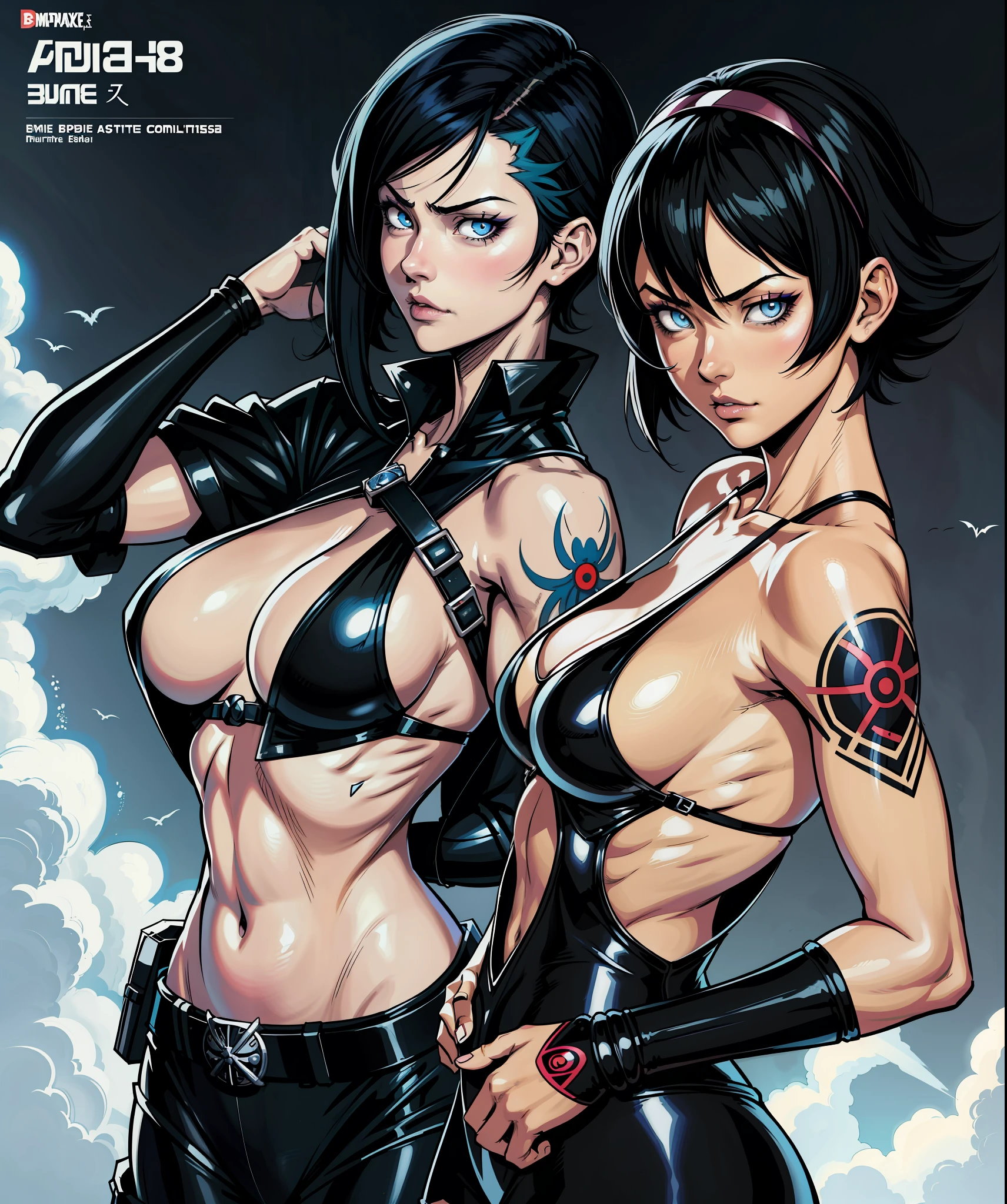 manga cover, 1girl, fair skin, Yusuke Murata art style, Yusuke Murata style, girl alone, short hair, black hair, blue eyes, anime girl with tribal tattoos on right arm, anime digital art, sexy anime girl, female anime girl, anime art, muscular!, big oppai, ilya kuvshinov, badass 8k anime, anime art, cuberpunk hair, very attractive, sensual, goth, blue vampire eyes, beautiful face, lips sending a kiss to the camera, short black hair, perfect body, fit body, abdomen, large breasts, chubby butt, clothes with neckline, muscular, simple background, pale skin,