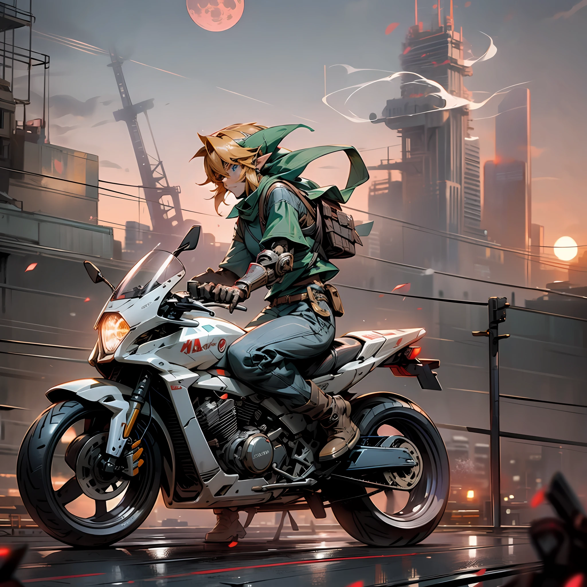 Link, Link from Legend of Zelda, holding a katana, on a motorcycle, city in the background, red smoke in the sky, sunset, moon, cyberpunk, future, science fiction, huge robot in the background