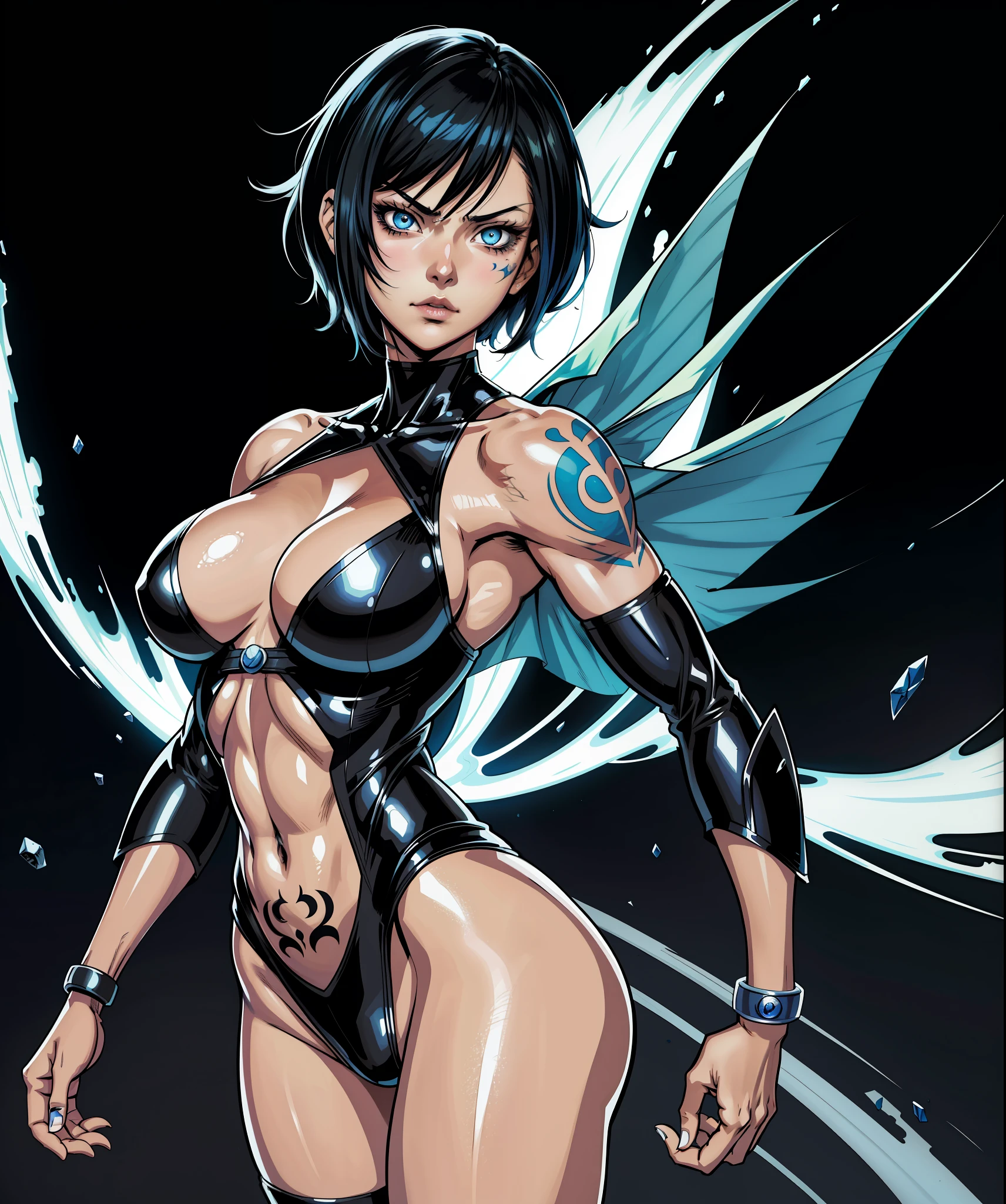 manga cover, 1girl, fair skin, Yusuke Murata art style, Yusuke Murata style, girl alone, short hair, black hair, blue eyes, anime girl with tribal tattoos on right arm, anime digital art, sexy anime girl, female anime girl, anime art, muscular!, big oppai, ilya kuvshinov, badass 8k anime, anime art, cuberpunk hair, very attractive, sensual, goth,  blue vampire eyes, beautiful face, lips sending a kiss to the camera, short black hair, perfect body, fit body, abdomen, large breasts, chubby butt, clothes with neckline, muscular, simple background, pale skin,