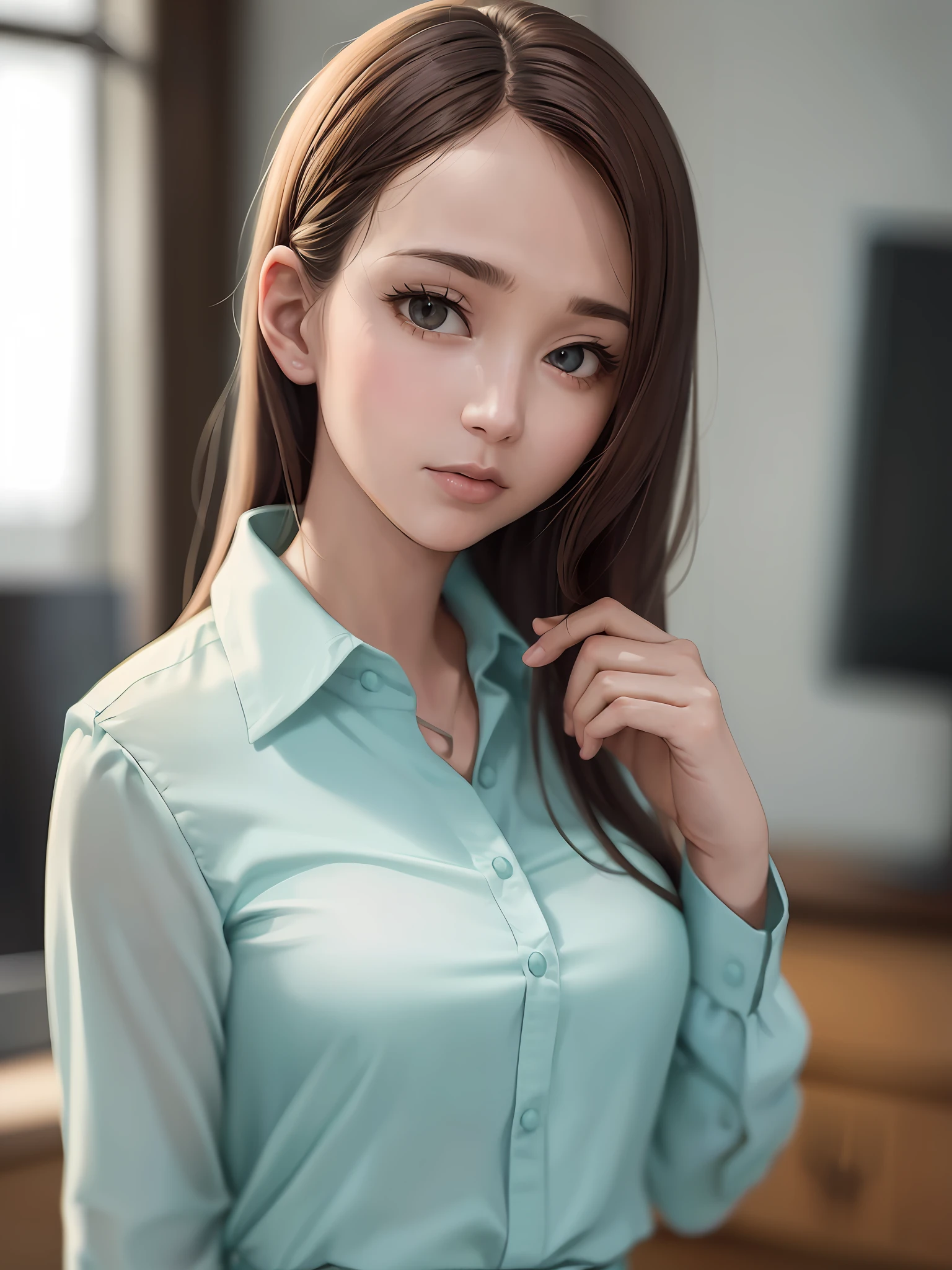 One girl in the office, full body, unclear, detailed clothes, collared shirt, (delicate illustration: 1.4), (best quality: 1.4), (best quality: 1.4), (ultra high resolution: 1.2), ( Photorealistic: 1.4), (8K, RAW photo: 1.2), (Soft focus: 1.4), (Sharp focus: 1.4) Renaissance art: 1.4), Beautiful face with great detail
