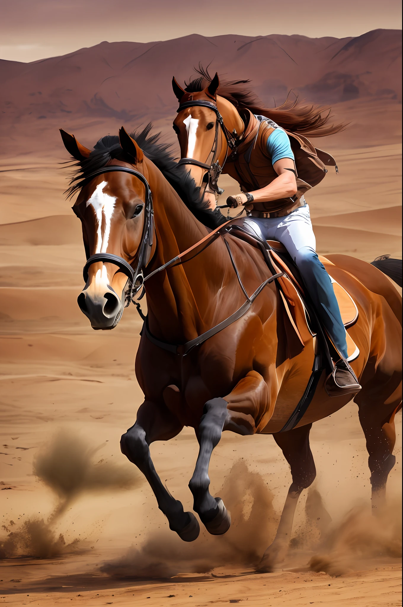 a brown horse is running at full gallop in the desert landscape --auto --s2