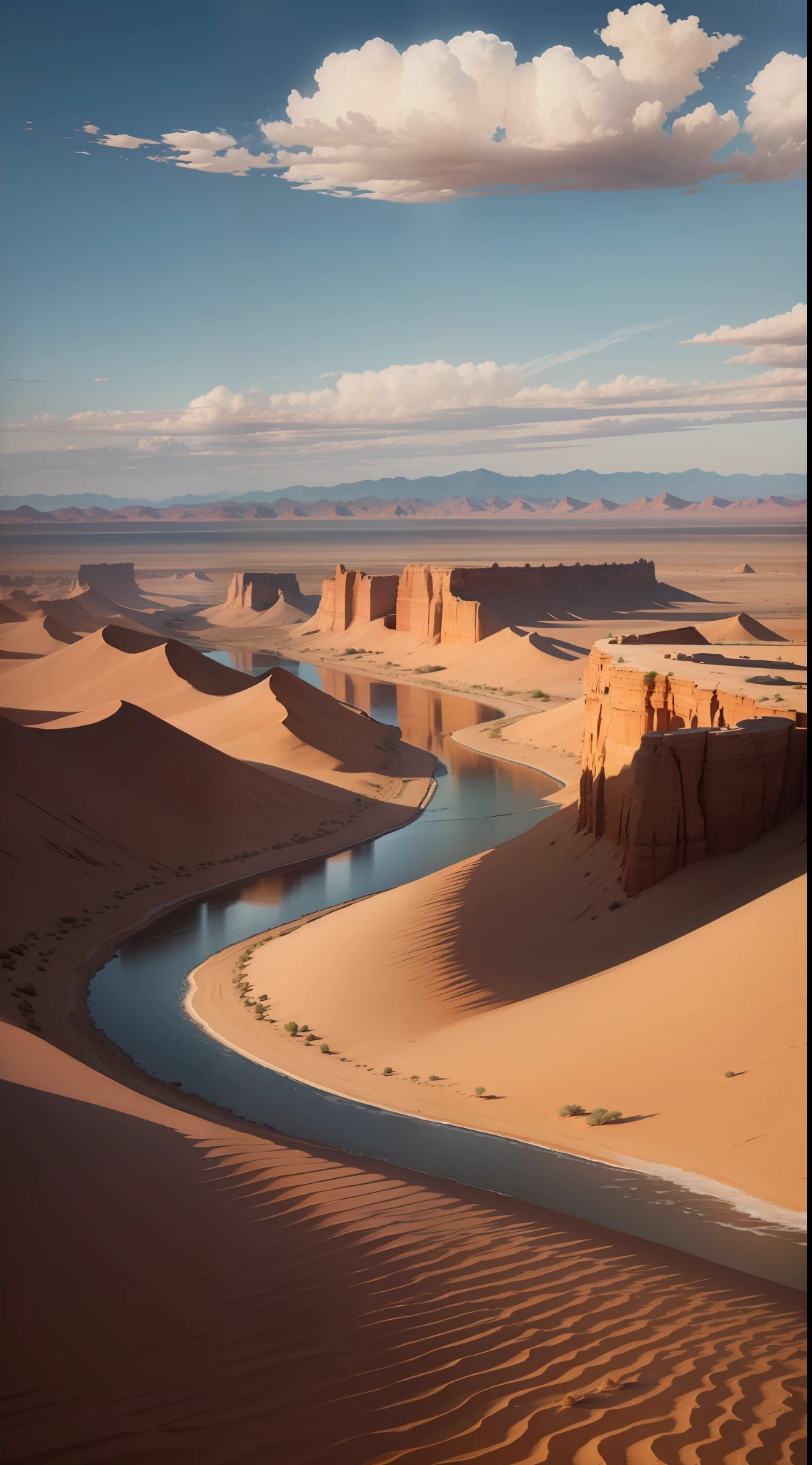 The lonely smoke in the desert is straight, and the long river is setting in the sun