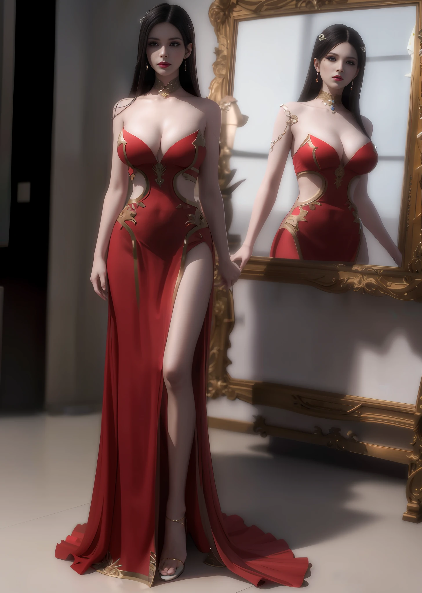 araffe woman in a red dress standing in front of a mirror, y gown, cinematic goddess body shot, 8 k sensual lighting, sexed dress, sexy ds, elegant cinematic pose, elegant photorealistic cinematic, photorealistic perfect body, fantasy outfit, realistic fantasy render, full body xianxia, succubus in tight short dress, unreal engine render + a goddess --auto --s2