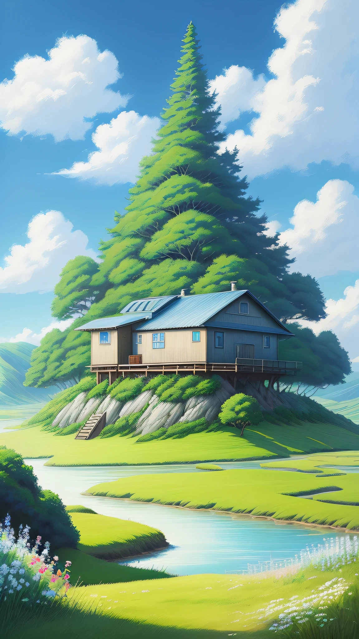 Realistic, authentic, beautiful and amazing landscape oil painting Studio Ghibli Hayao Miyazaki&#39;s petal grassland with blue sky and white clouds --v6