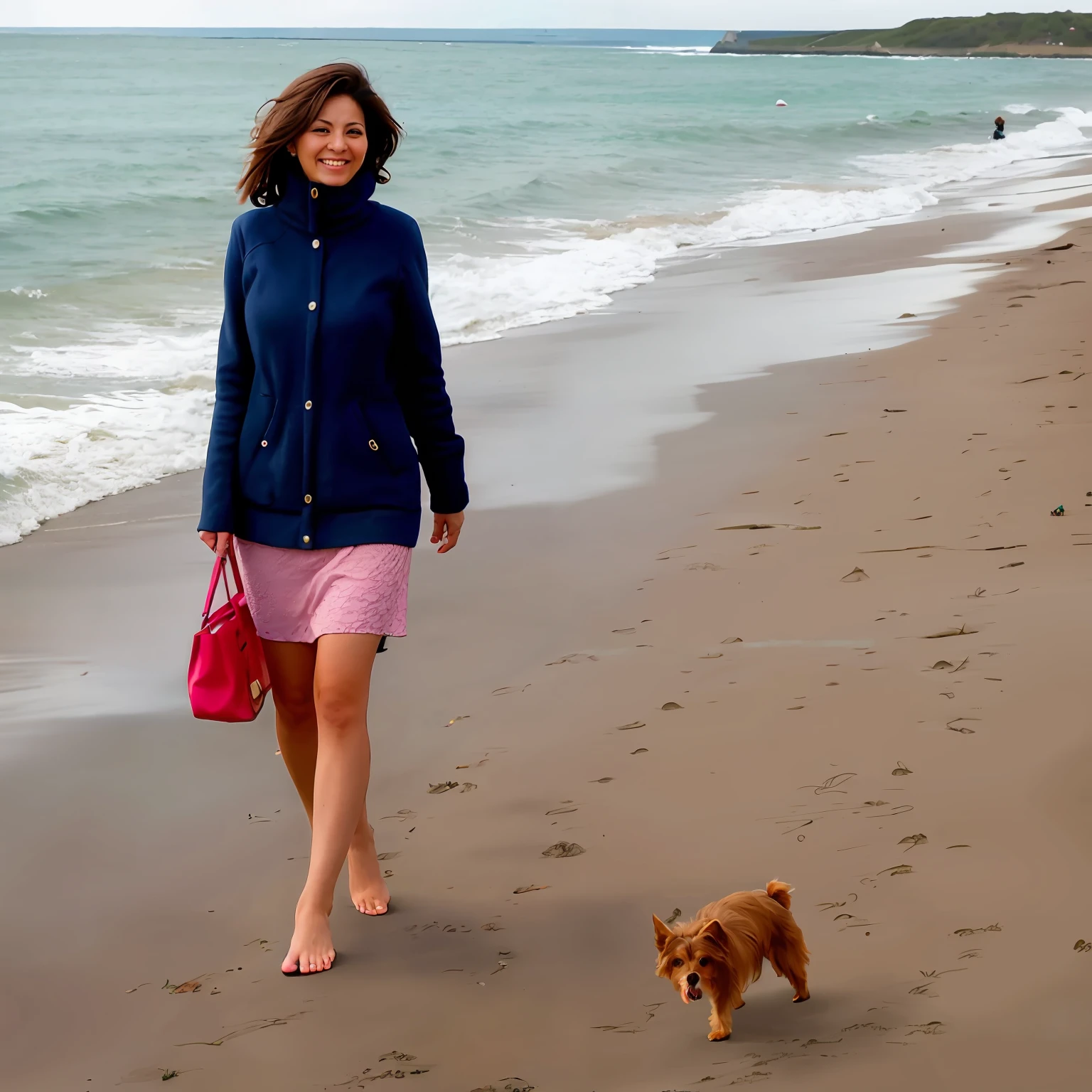 Woman taking a walk with a Yorkshire terrier on the sandy beach