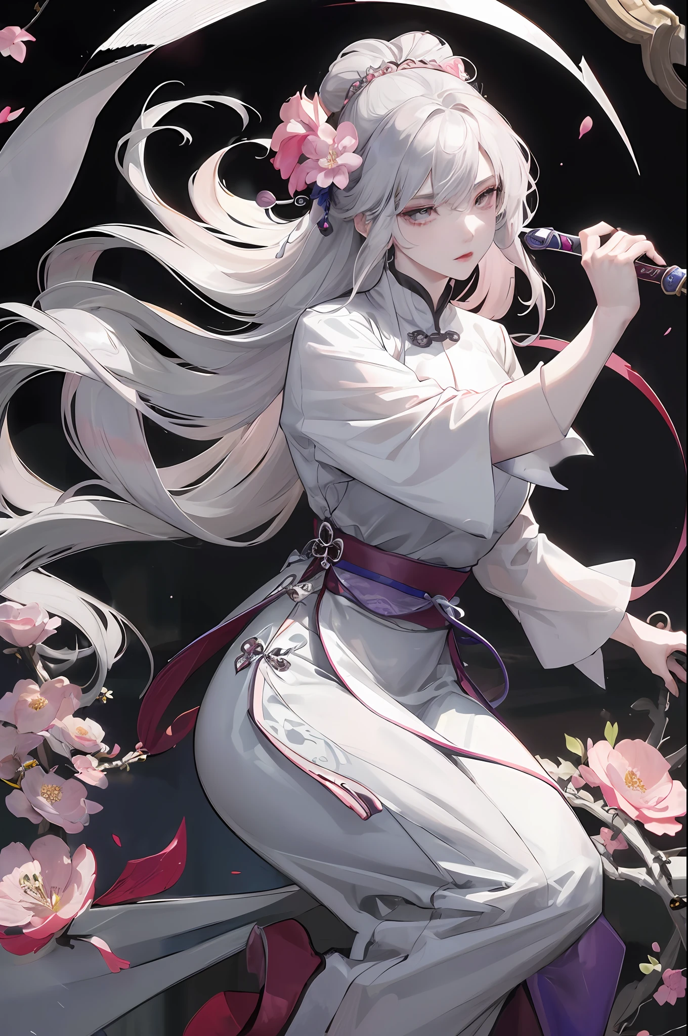Masterpiece, Best, Night, Full Moon, 1 Female, Mature Woman, Chinese Style, Ancient China, Elder Sister, Royal Sister, Cold Face, Expressionless, Silver White Long Haired Woman, Pale Pink Lips, Calm, Intellectual, Three Belts, Gray Hitomi, assassin, dagger, flower ball background, street view