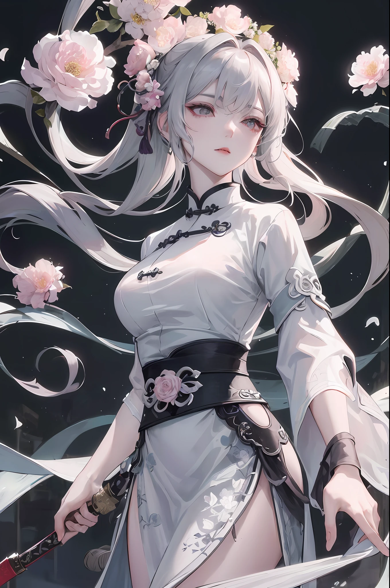 Masterpiece, Best, Night, Full Moon, 1 Female, Mature Woman, Chinese Style, Ancient China, Elder Sister, Royal Sister, Cold Face, Expressionless, Silver White Long Haired Woman, Pale Pink Lips, Calm, Intellectual, Three Belts, Gray Hitomi, assassin, dagger, flower ball background, street view