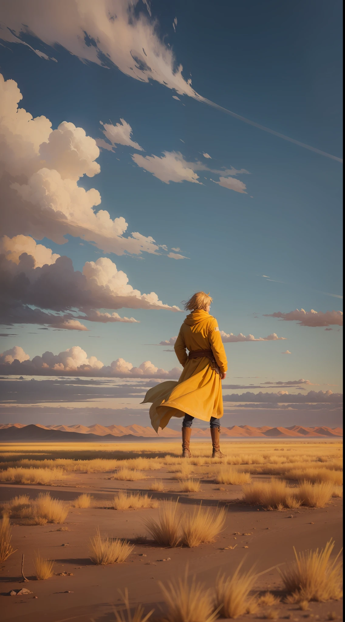 The autumn breeze is shimmering, alone and desolate, the yellow steppe, the lonely man, the west wind, the skinny horse