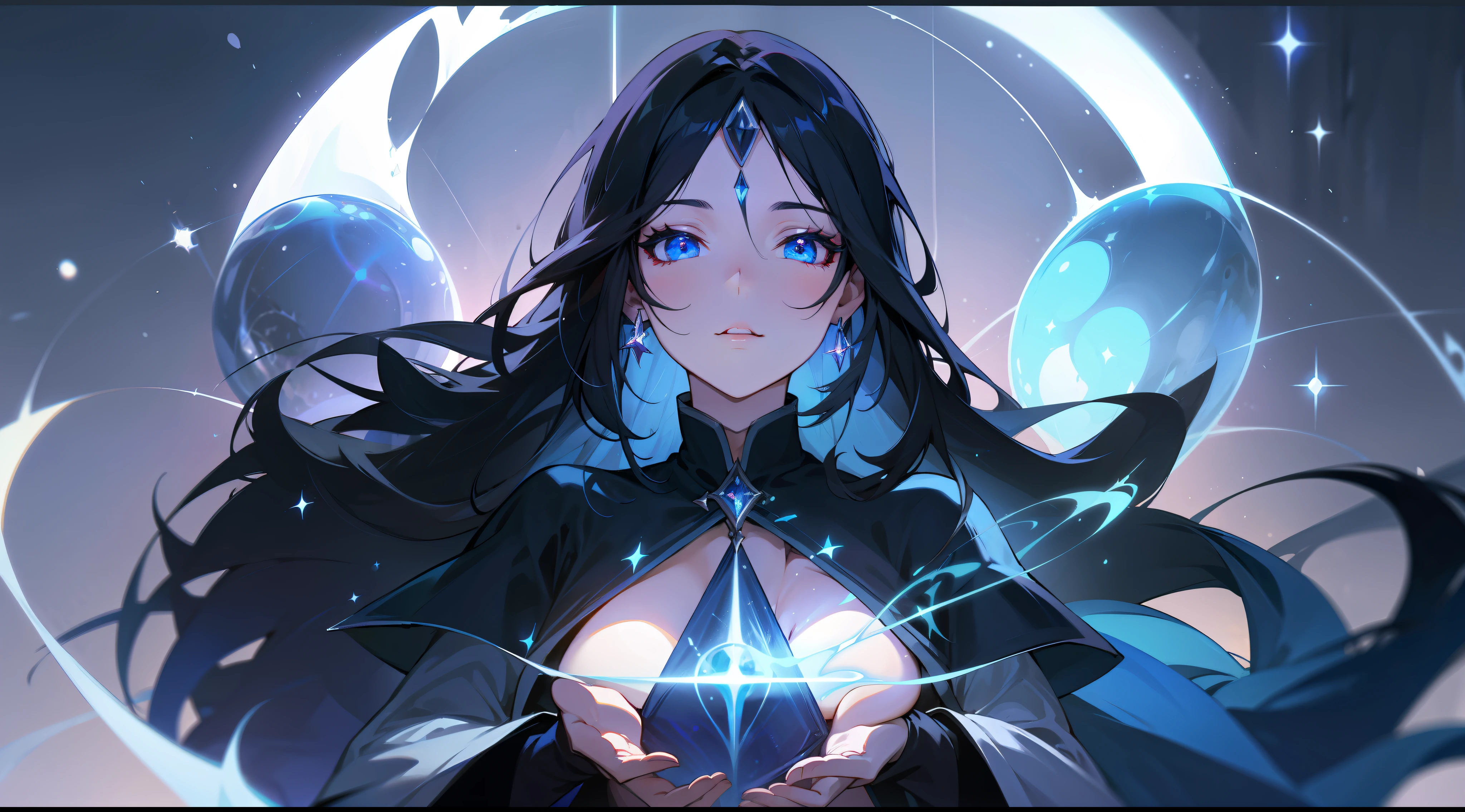 dark sorceress, magician, long black hair, blue eyes, beautiful breasts, magic, fantasy, medieval, night, brightness, lens reflections, winter