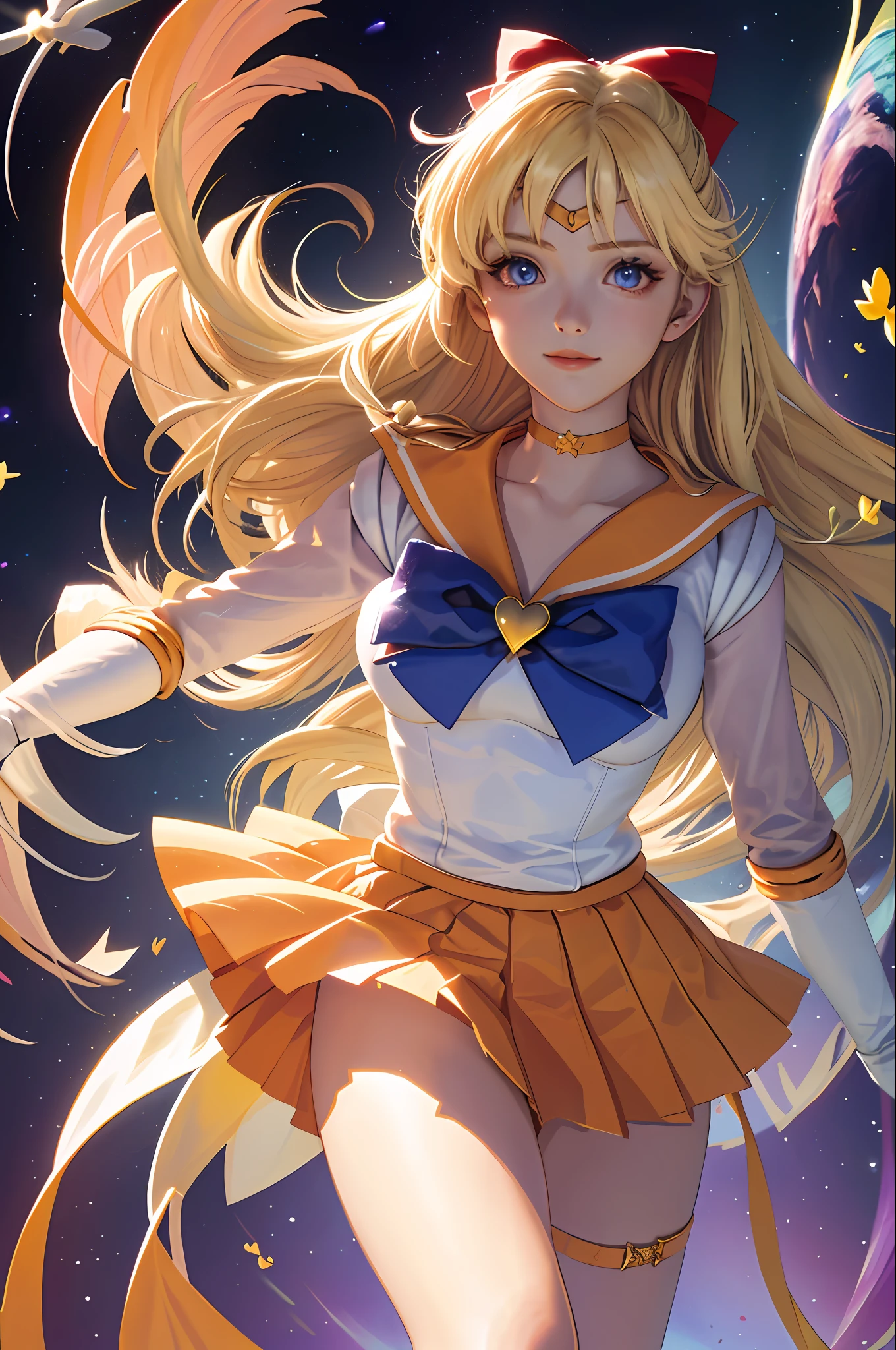 (masterpiece, best quality;1.3), extremely detailed CG, ultra detailed, 1girl, solo,  smile,  looking at viewer, stylish ungle, blonde long hair,blue eyes,
sv1, sailor senshi uniform, orange skirt, elbow gloves, tiara, orange sailor collar, red bow, orange choker, white gloves, jewelry, from above,
many hearts, face focus,Venus,tornado,abstract background, hearts storm, haert beam, heart bubbles, heart baloons, haert stars, heart flowers, HEART LIGHTS, heart world, heart background, galaxy background, heart weapon, heart aura,