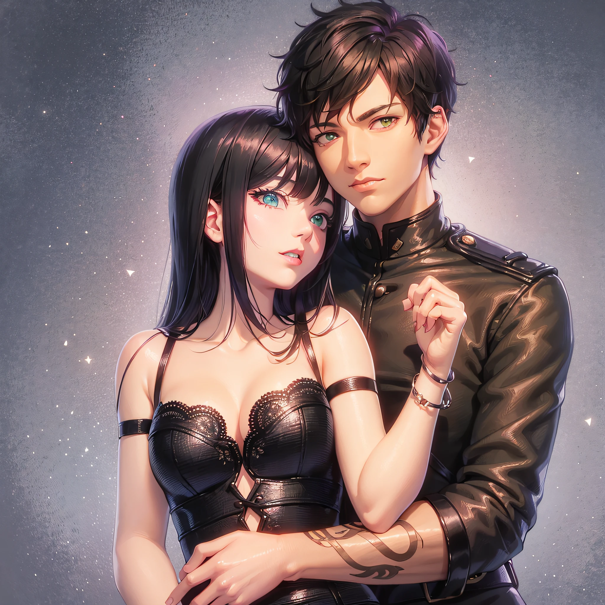 England Guy with Light skin, medium black hair, heterochromia, his left eye is orange and his right eye is green, he uses emo clothes, and is kissing a asian woman with Medium black hair with a front purple bang, white skin, pink eyes, goth clothes --auto --s2