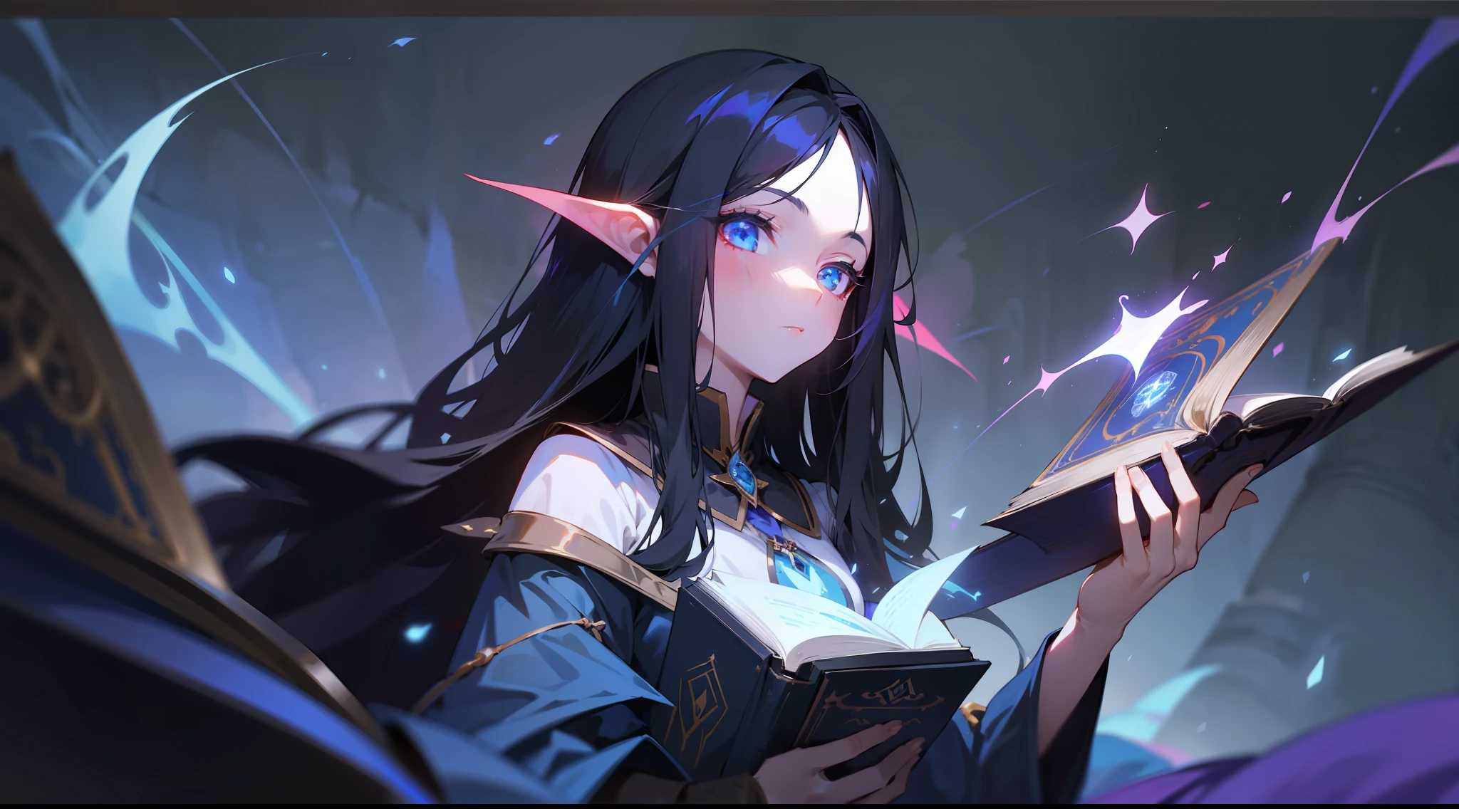 dark sorceress, magician, long black hair, blue eyes, magic, fantasy, medieval, night, glow, arcane book