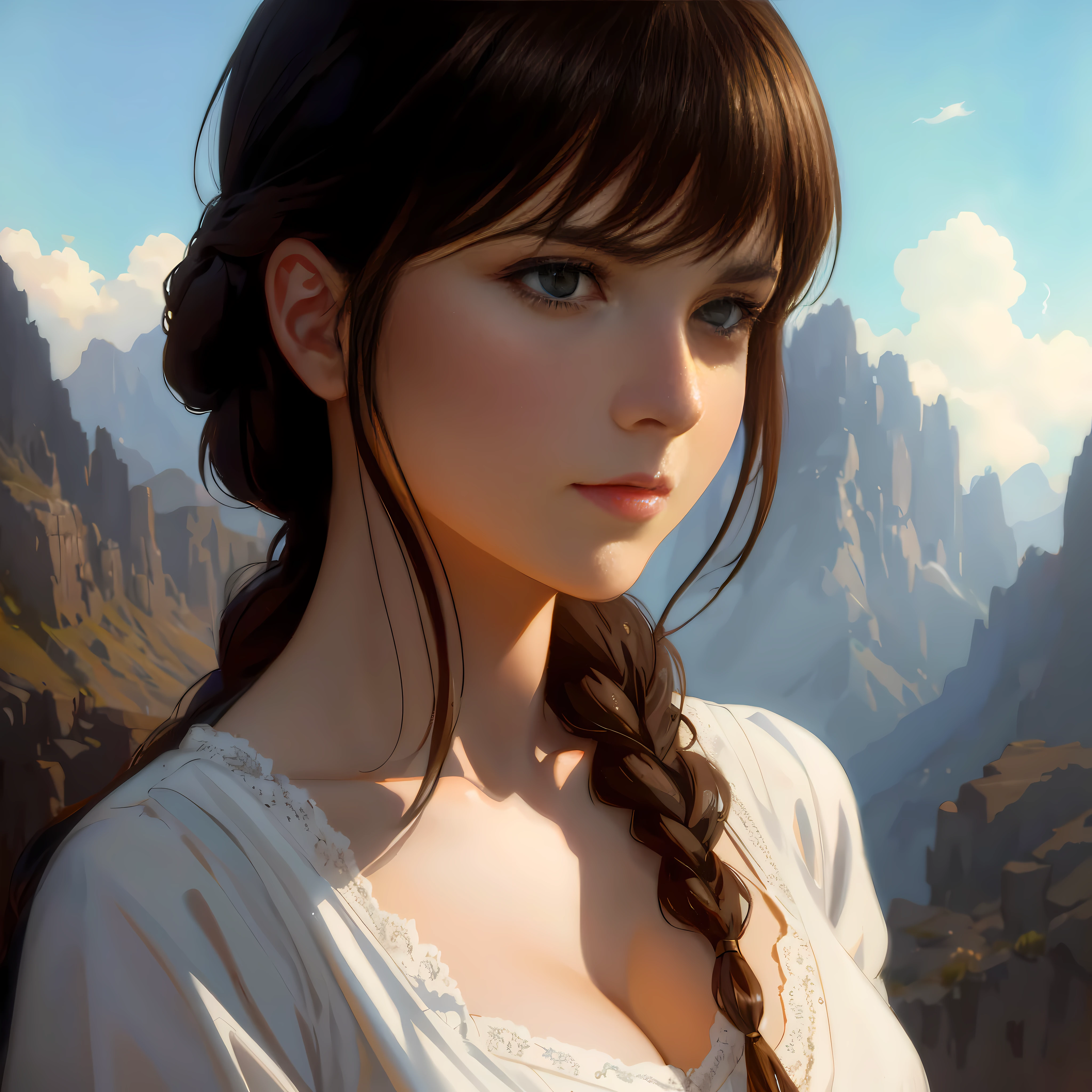 there is a woman with a braid in her hair and a mountain in the background, beautiful character painting, gorgeous digital painting, beautiful digital painting, beautiful fantasy art portrait, beautiful digital artwork, beautiful digital illustration, fantasy art portrait, fantasy portrait art, beautiful fantasy portrait, realistic cute girl painting, beautiful gorgeous digital art, detailed beautiful portrait, beautiful anime portrait, beautiful digital art