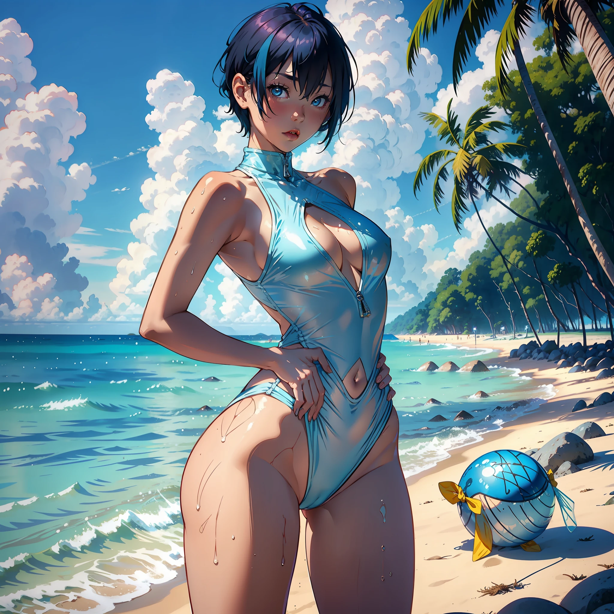A beautiful slim asian young woman with short pastel blue hair wearing a small one piece translucent blue swimsuit with a fishnet cutout in the middle, shining wet skin, beach, sunny, embarassed, cameltoe, hard puffy visible under swimsuit, small waist, nice butt, lewd, standing with legs open, underbutt, aroused, blushing, tanlines, navel, underboob, sideboob