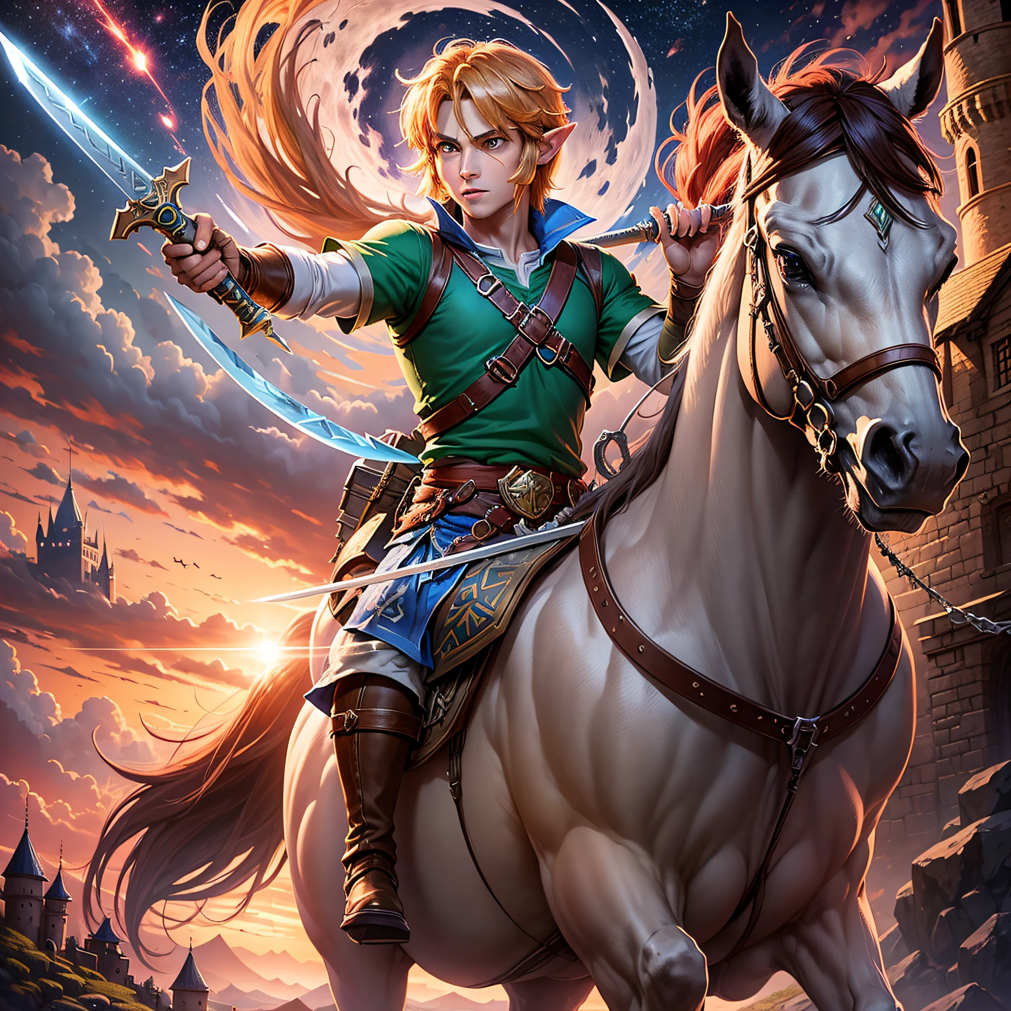 Link, Link from Legend of Zelda, holding a sword above him, riding a horse, a castle in the background, a red aura in the sky, a sunset, a moon with a face