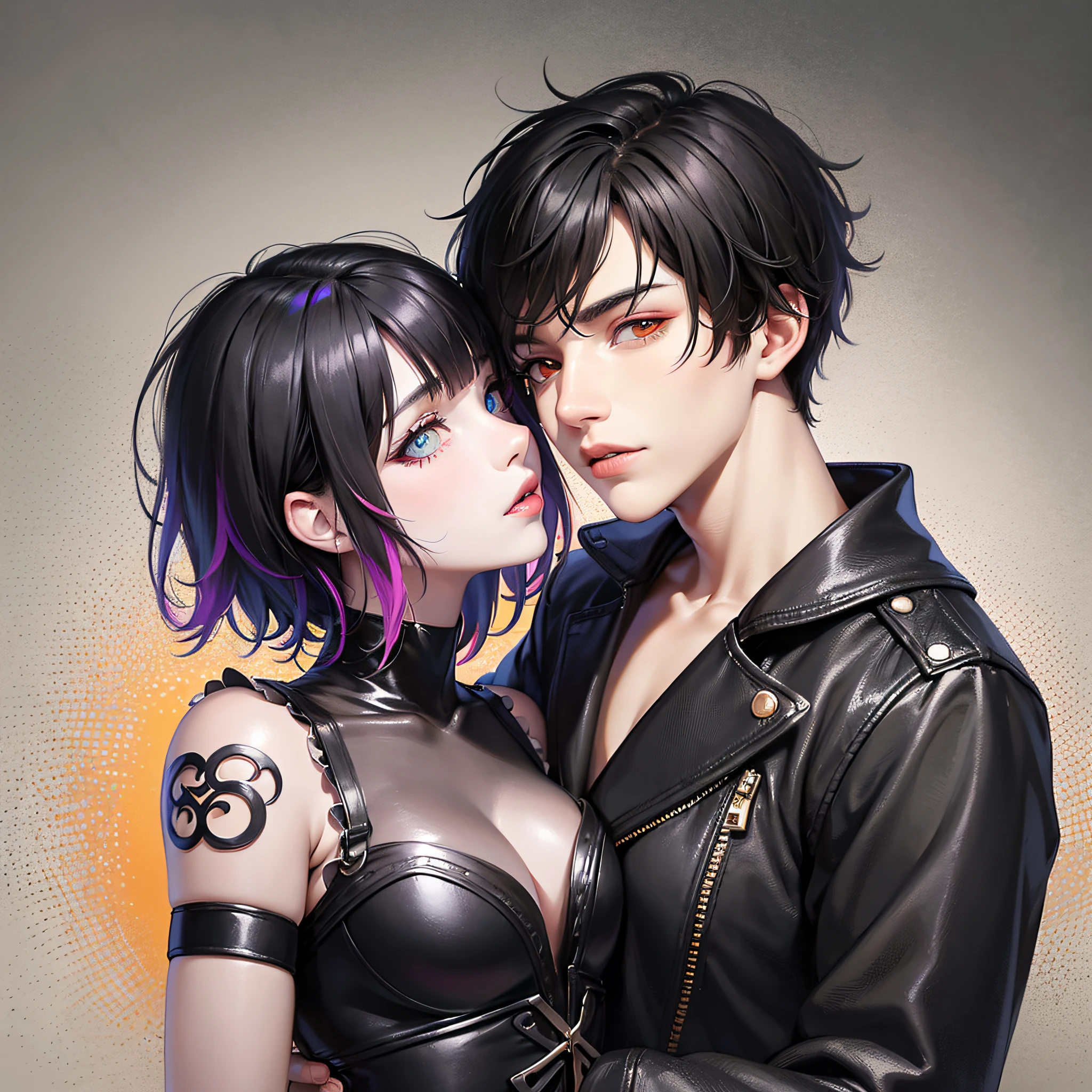 England Guy with Light skin, medium black hair, heterochromia, his left eye is orange and his right eye is green, he uses emo clothes, and is kissing a asian woman with Medium black hair with a front purple bang, white skin, pink eyes, goth clothes --auto --s2