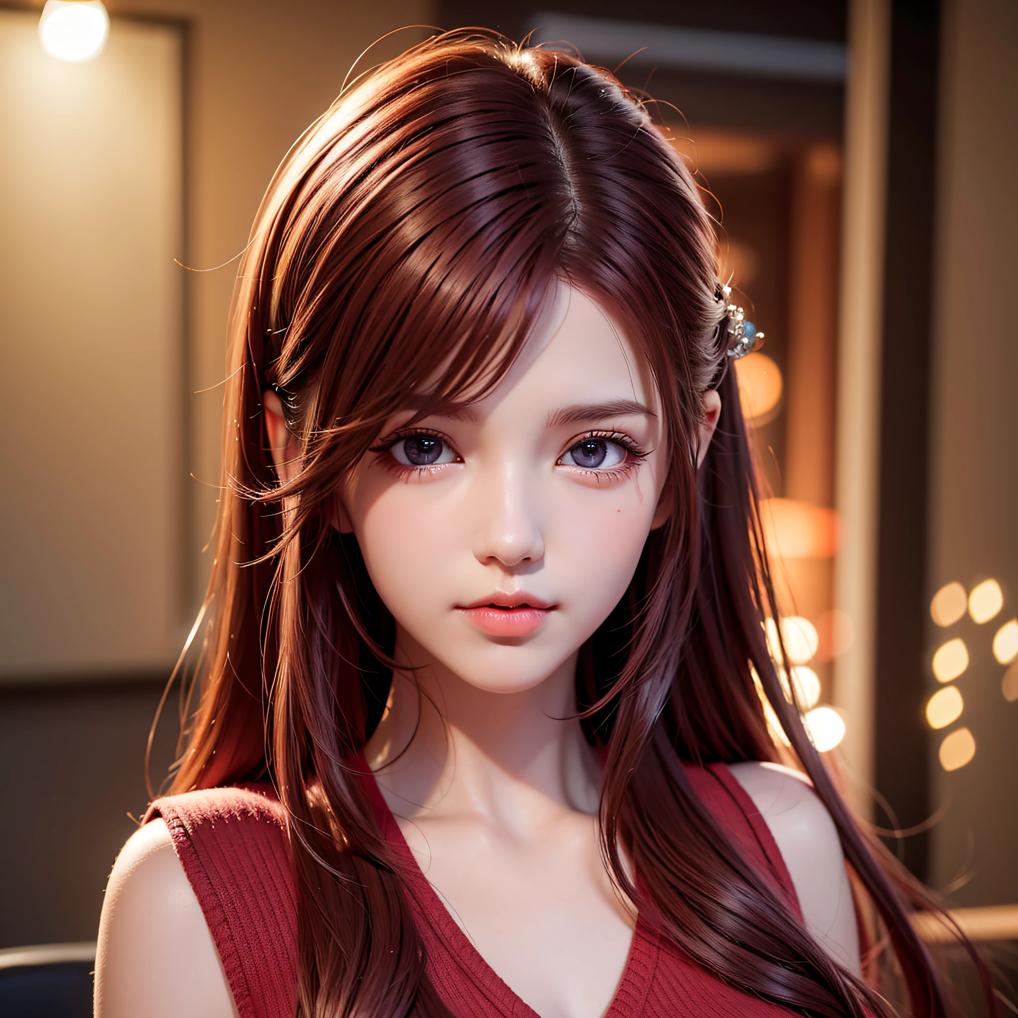 best quality, masterpiece, highres, 1girl, red sweater, red hair, Beautiful face, upon_body, tyndall effect, photorealistic, dark studio, rim lighting, two tone lighting,(high detailed skin:1.2), 8k uhd, dslr, soft lighting, high quality, volumetric lighting, candid, Photograph, high resolution, 4k, 8k, Bokeh