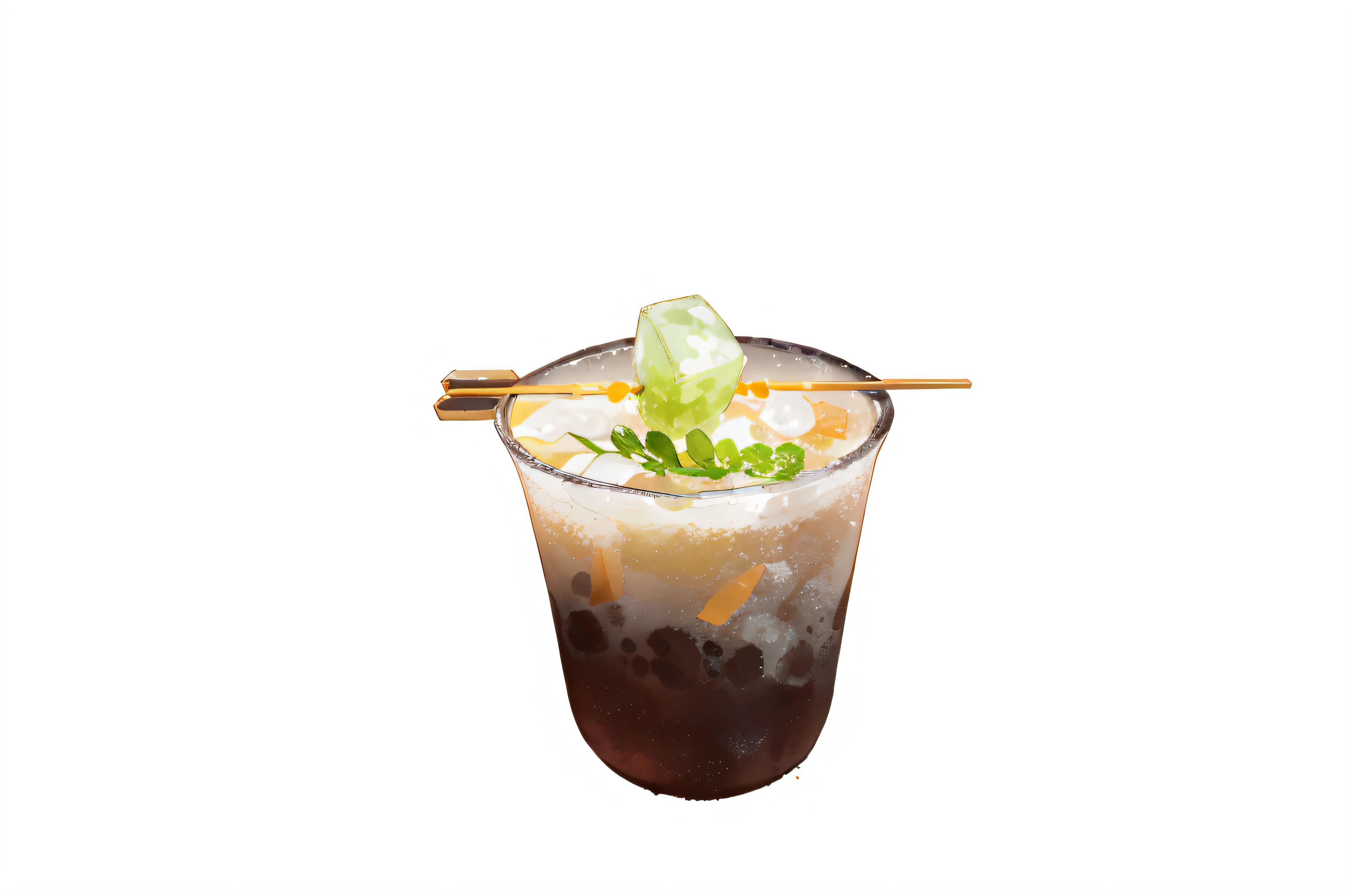 there is a drink with a pineapple garnish on top, molecular gastronomy, jellyfish gelatin, garnish, drink, slush, cocktail in an engraved glass, style of shuzo oshimi, hamburger mix jellyfish, sougetsu, slush)), mangosteen, japanese fusion cuisine, masterpiece work of art, kaigetsudo ando, aspic, yummy