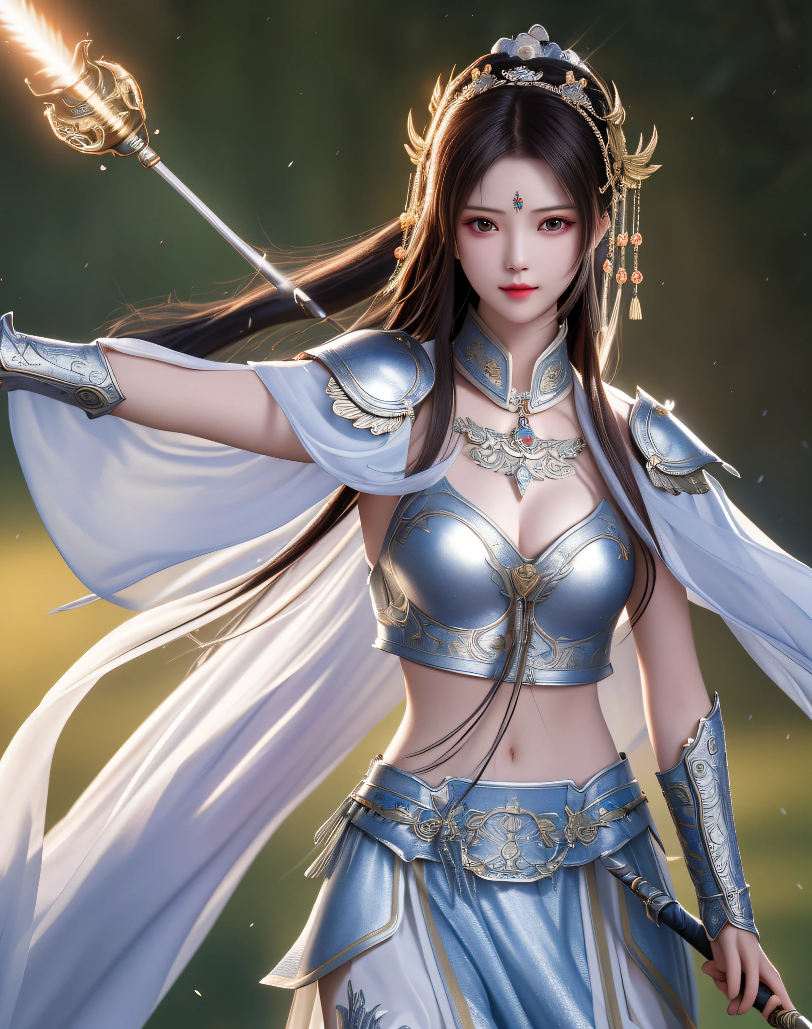 best quality, masterpiece, high resolution, 1girl, ancient chinese battlefield background, metal armor, cape, metal collar, ancient spear, glowing spear, hair ornament, necklace, jewelry, beautiful face, upon_body, tyndall effect, realistic, dark studio, edge lighting, duotone lighting, (high detail skin:1.2), 8k ultra hd, dslr camera, soft lighting, high quality, volumetric lighting, frank, photos, high resolution, 4k, 8k, bokeh, Silver-white bikini armor, ancient metal spear, chest embroidery, metal cuirass, tight, bare arms, weapons, short bracers, stockings, sides, heroic