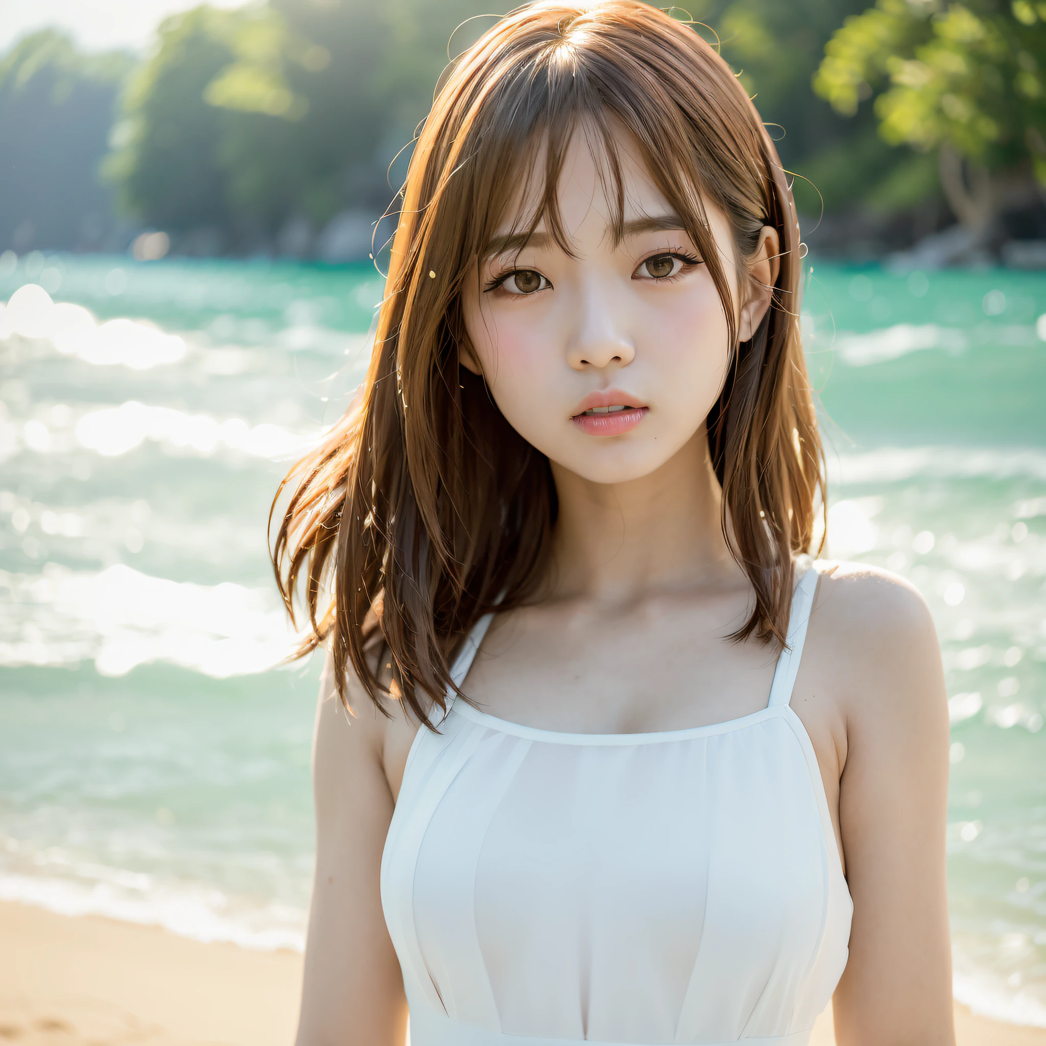 arafed asian woman in white dress standing on beach near water, realistic young gravure idol, jaeyeon nam, girl cute-fine-face, beautiful japanese girls face, portrait of female korean idol, young pretty gravure idol, young gravure idol, young sensual gravure idol, closeup portrait shot, jinyoung shin, young adorable korean face