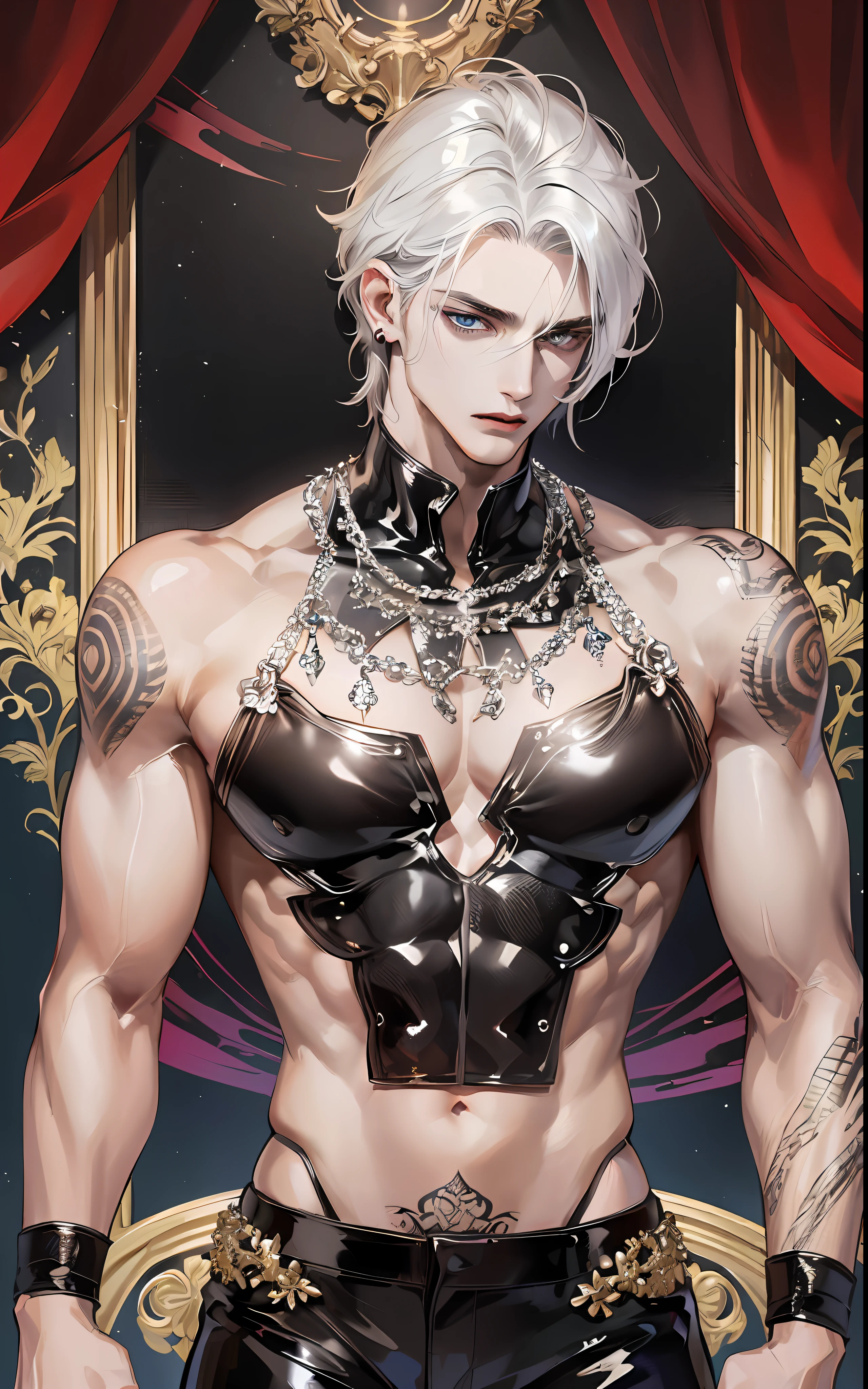 man, masculine, masculine face, attractive, muscular, ((1man)), masterpiece, absurdres, best quality ,intricate details , (shiny skin, shiny body, shiny oily luster skin, shiny hair, pale skintone), Sundown, attractive, ((muscular)), adult, one, tattoo in his chest ,black blouse, earrings, black pants, Don't look at the view , Not looking at the view, red short hair, perfect detailed face, perfect detailed hands, vampire, blue eyes, ((MLS)), medium large shoot
