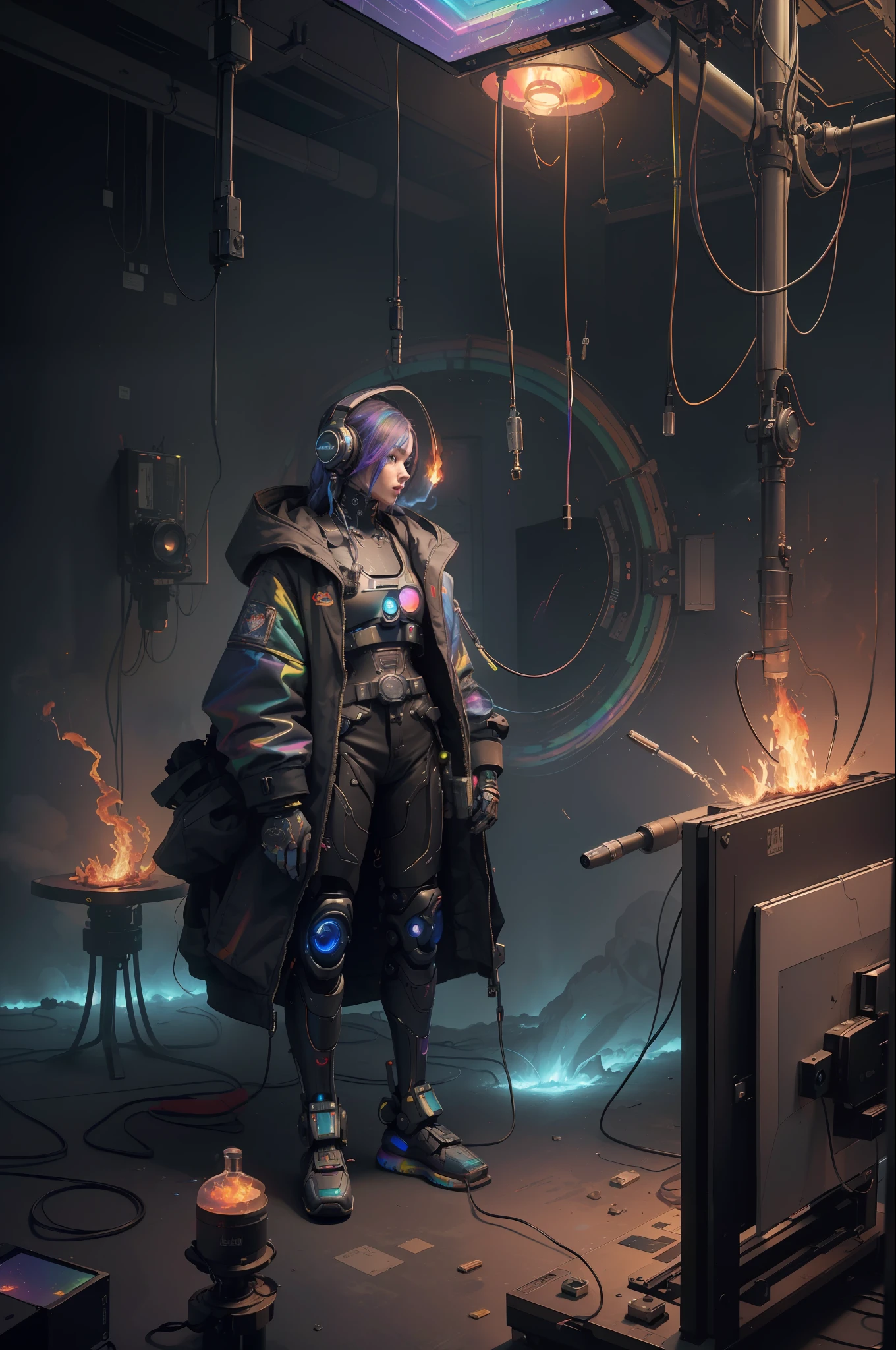 (Masterpiece, Best Quality, High Resolution, Absurd, Detailed: 1.2), Humanoid, Robot, Wearing Headphones, Looking Away, (Cyberpunk, Art Canvas, Brush, Easel, Rainbow Colors, Holographic: 1.6), Male, (Cable, Wire, Flame, Fire, Smoke, Overheating, Explosion, Indoor, Room, Simple Background)