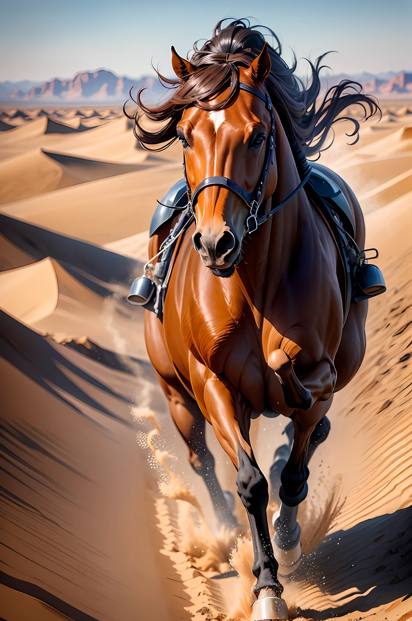 a brown horse is running at full gallop in the desert landscape --auto --s2