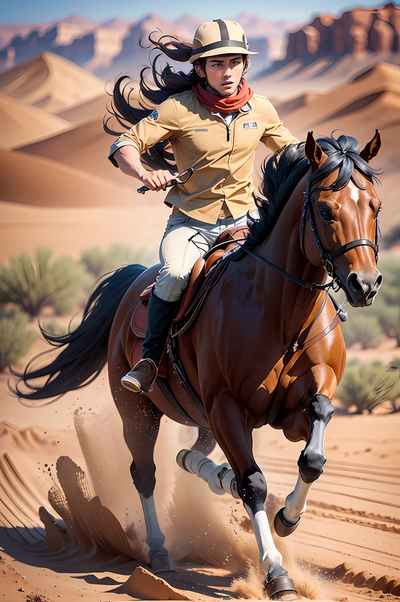 a brown horse is running at full gallop in the desert landscape --auto --s2