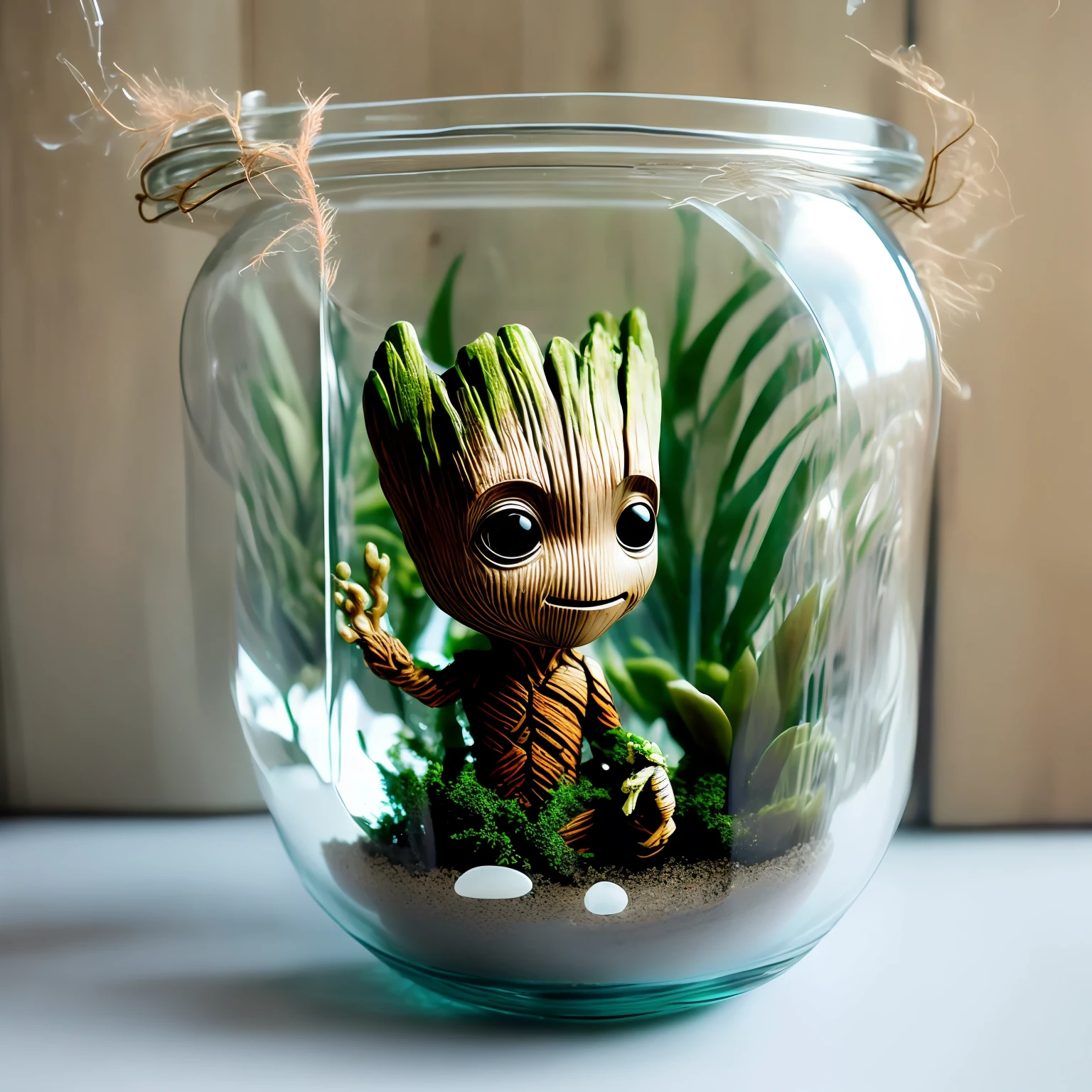 Baby Groot Guardians of the Galaxy 
Inside a glass jar with water and fish