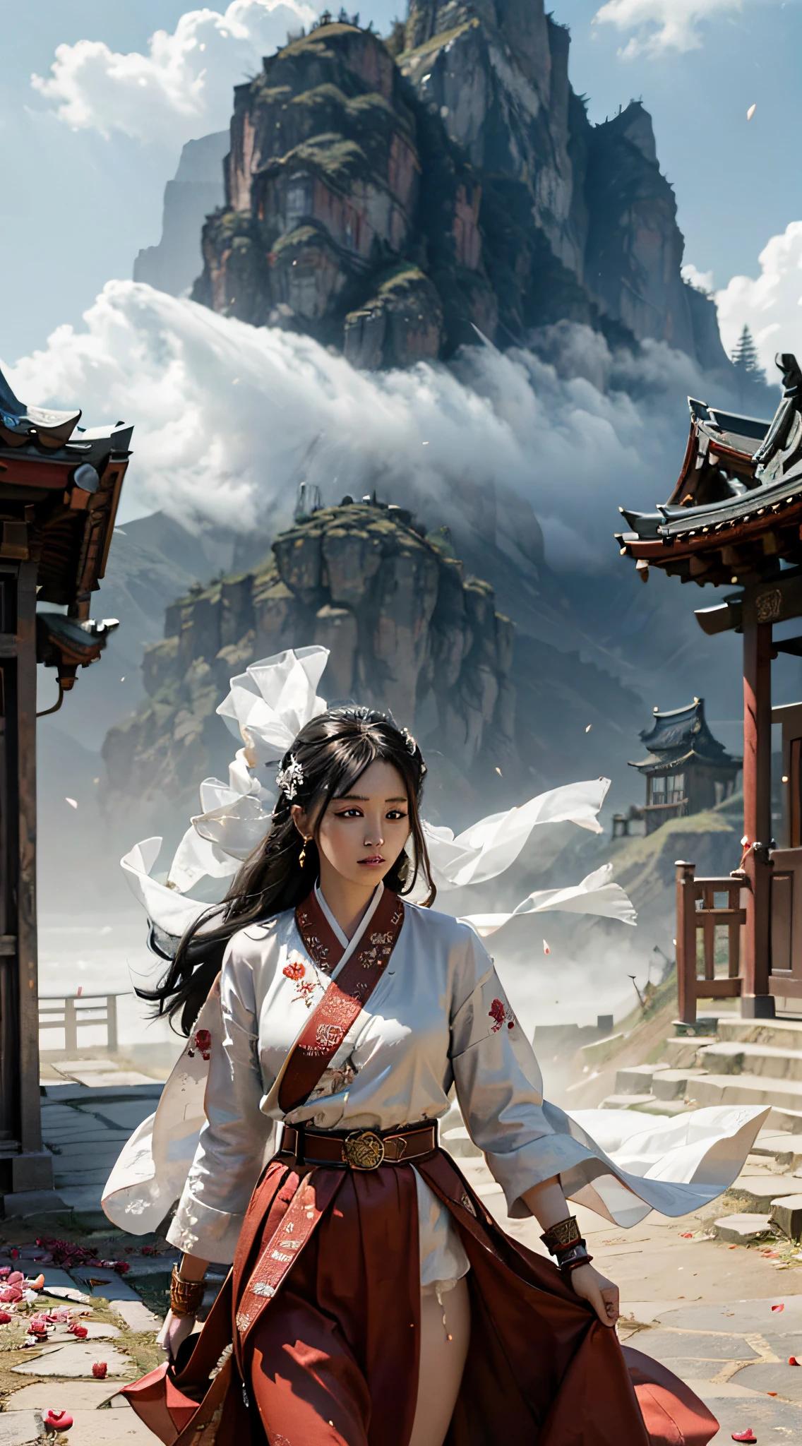 (Positive Focus), (In the Dark: 1), (Best Quality), (Realisticity: 1), Realistic Skin Texture, Highly Detailed, 8k Wallpaper, Volume Lighting, Dynamic Lighting, A Girl, White Veil Fluttering in the Wind, White Hanfu Robe, Black Embroidery, Black Ponytail Long Hair, Long Hair Flowing, Black Hair, Fringed Hair Ornament, Peony, Antique Style, Red Belt, Dramatic Composition, Petals Falling, Red Belt, Ancient Architecture Background, Complicated Background, Clouds and Mist Entanglement, Xian Xia Background, Cloudy Lingering, cinematic lighting,