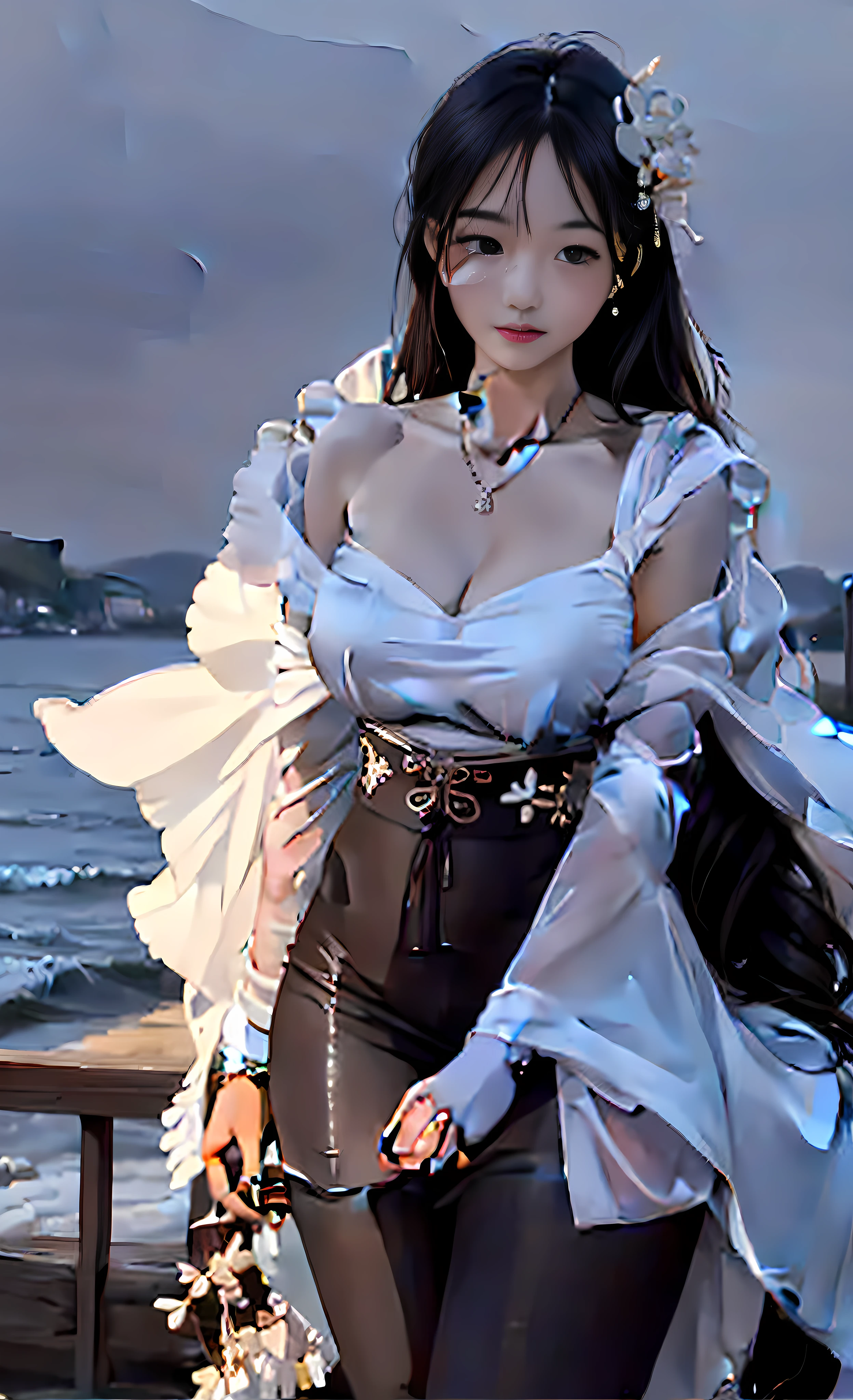 {best quality}, masterpiece, {wallpaper}, {huge file size}, 1 girl, full body, extremely detailed, extremely delicate beauty, 8k wallpaper, beautiful details glowing with bright eyes, 1 girl, extremely detailed eyes and face, seaside, dusk, beautiful girl, {JK},black stockings, seductive smile,