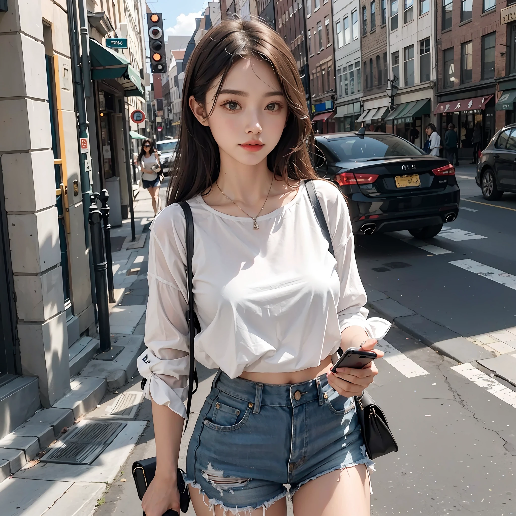 Beautiful woman, fiddling with cell phone in the middle of the street, short clothes
