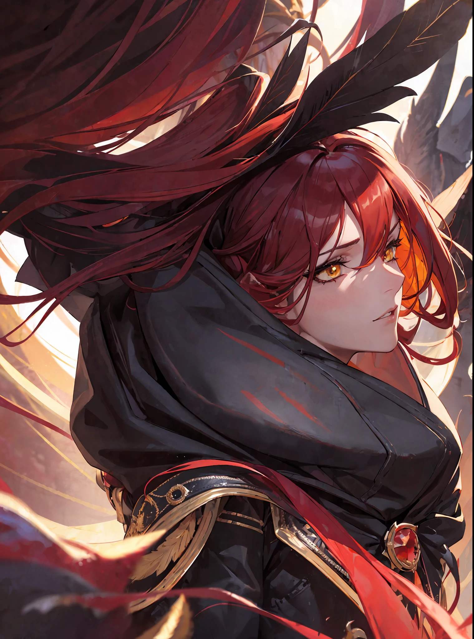 (masterpiece, best quality) an adult woman with very long red hair, ((black feathers)), ((close)), neckline, ((hood)), black ribbons, red leather, (profile picture), black bows, bodysuit, cold look, queen, good anatomy, correct proportions, torn clothes, queen, yellow eyes, serious, mysterious appearance, blood, emotionless, straight bangs, very long red hair, evil, (yellow eyes), gothic, medium chest, ((show from chest to head)), cinematics, color oil painting, solo, cinematic lighting, extremely detailed face, finely detailed face, beautiful face, beautiful eyes, perfect lighting, depth of field, realistic proportions, good anatomy