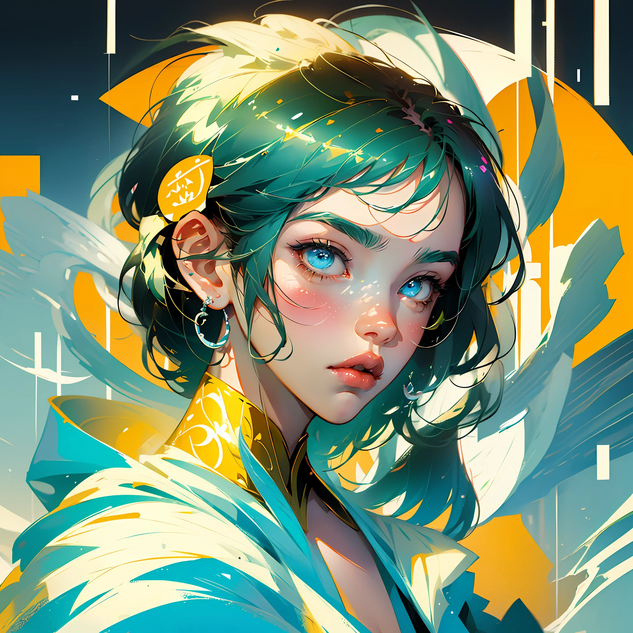 Avatar, a cool boy, short hair, look at the camera, manga, anime, flat illustration, geometric, shapes, minimalism, yellow background --style expressive --niji 5 --auto --s2