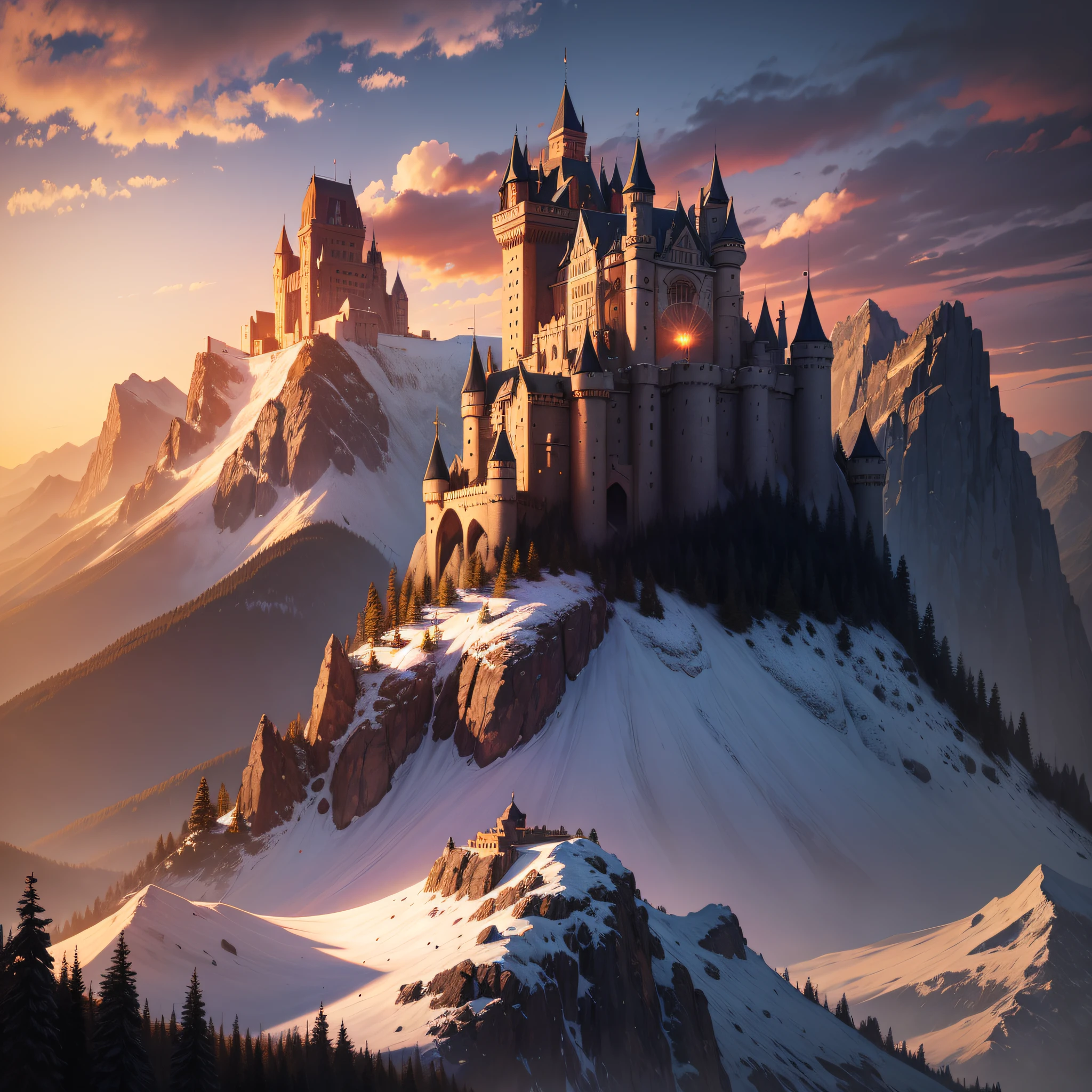 Mountain landscape, mountaintop palace, sunset, medieval castle