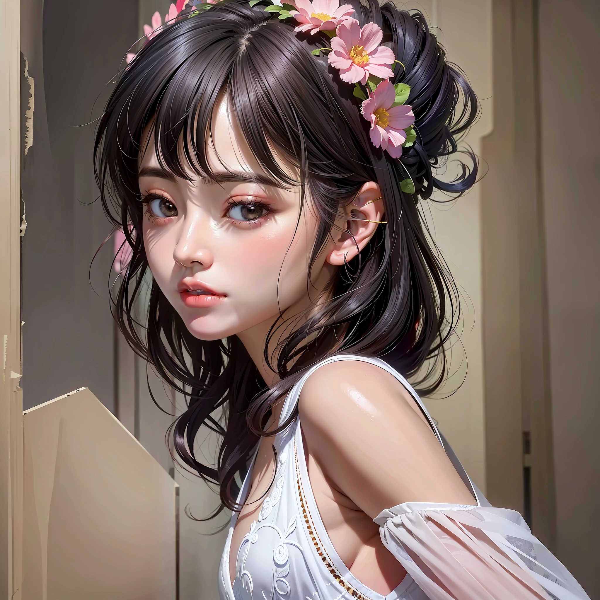 anime girl with flower crown in hair standing in doorway, Guweiz style art, kawaii realistic portrait, detailed digital anime art, soft anime cg art, anime realism style, cute anime portrait, Guweiz, detailed portrait of anime girl, cute detailed digital art, girl anime portrait, digital anime illustration, digital anime art, realistic 3D anime style
